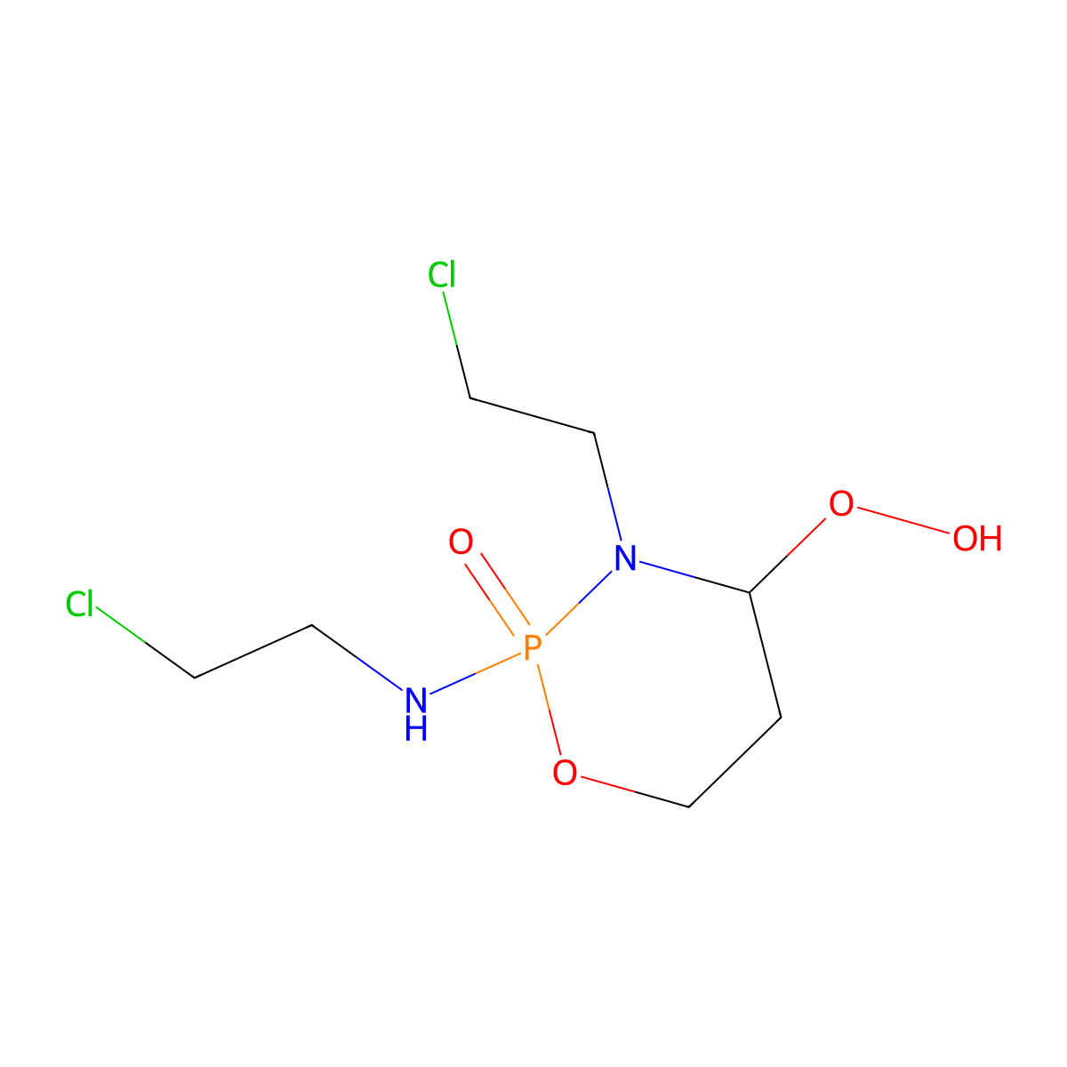 2H-1,3,2-Oxazaphosphorin-2-amine, N,3-bis(2-chloroethyl)tetrahydro-4-hydroperoxy-, 2-oxide molecular structure, CAS 39800-28-7
