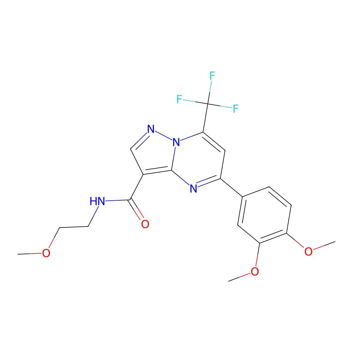 5-(3,4-dimethoxyphenyl)-N-(2-methoxyethyl)-7-(trifluoromethyl)pyrazolo[1,5-a]pyrimidine-3-carboxamide molecular structure, CAS 398130-72-8