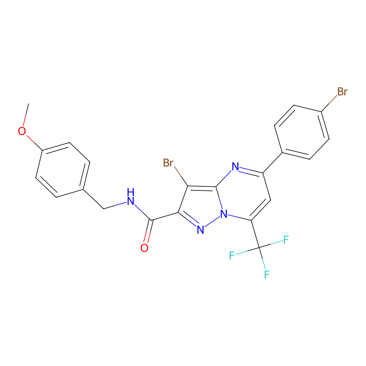 3-bromo-5-(4-bromophenyl)-N-(4-methoxybenzyl)-7-(trifluoromethyl)pyrazolo[1,5-a]pyrimidine-2-carboxamide molecular structure, CAS 398130-82-0