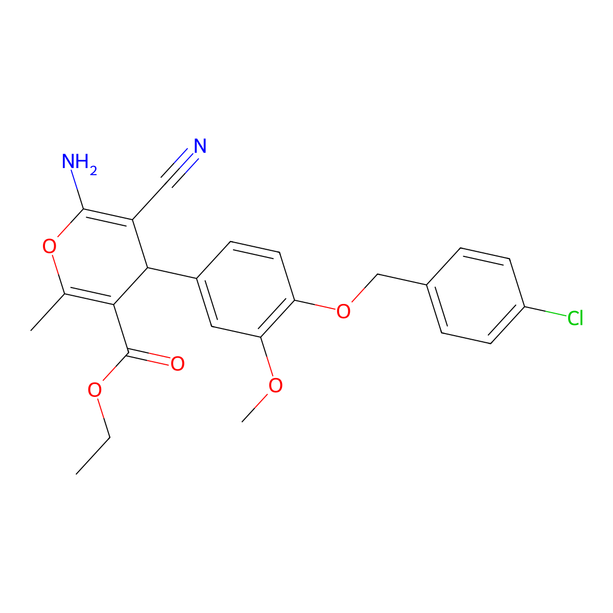 ethyl 6-amino-4-{4-[(4-chlorobenzyl)oxy]-3-methoxyphenyl}-5-cyano-2-methyl-4H-pyran-3-carboxylate molecular structure, CAS 398136-19-1
