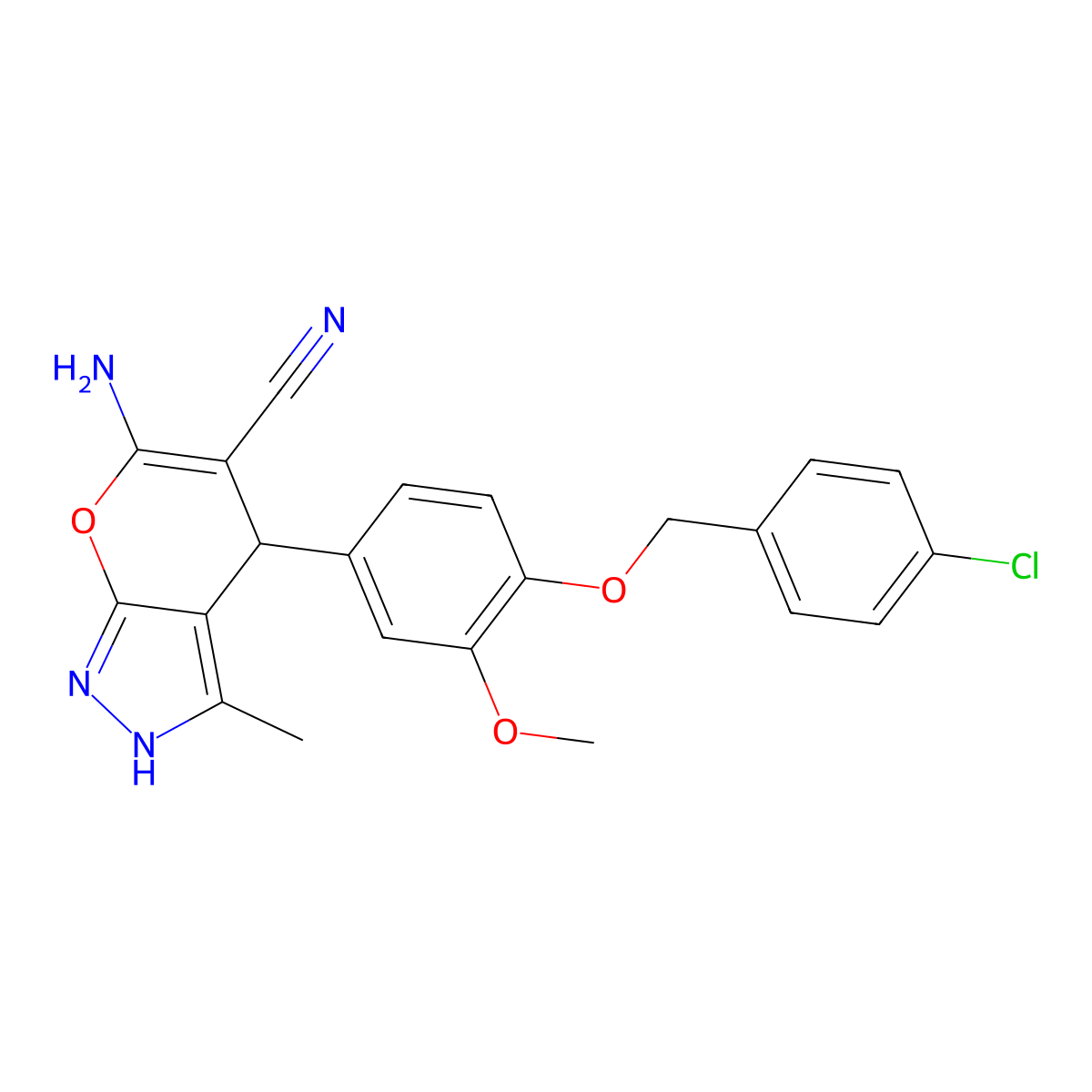 6-Amino-4-{4-[(4-chlorobenzyl)oxy]-3-methoxyphenyl}-3-methyl-1,4-dihydropyrano[2,3-c]pyrazole-5-carbonitrile molecular structure, CAS 398136-20-4