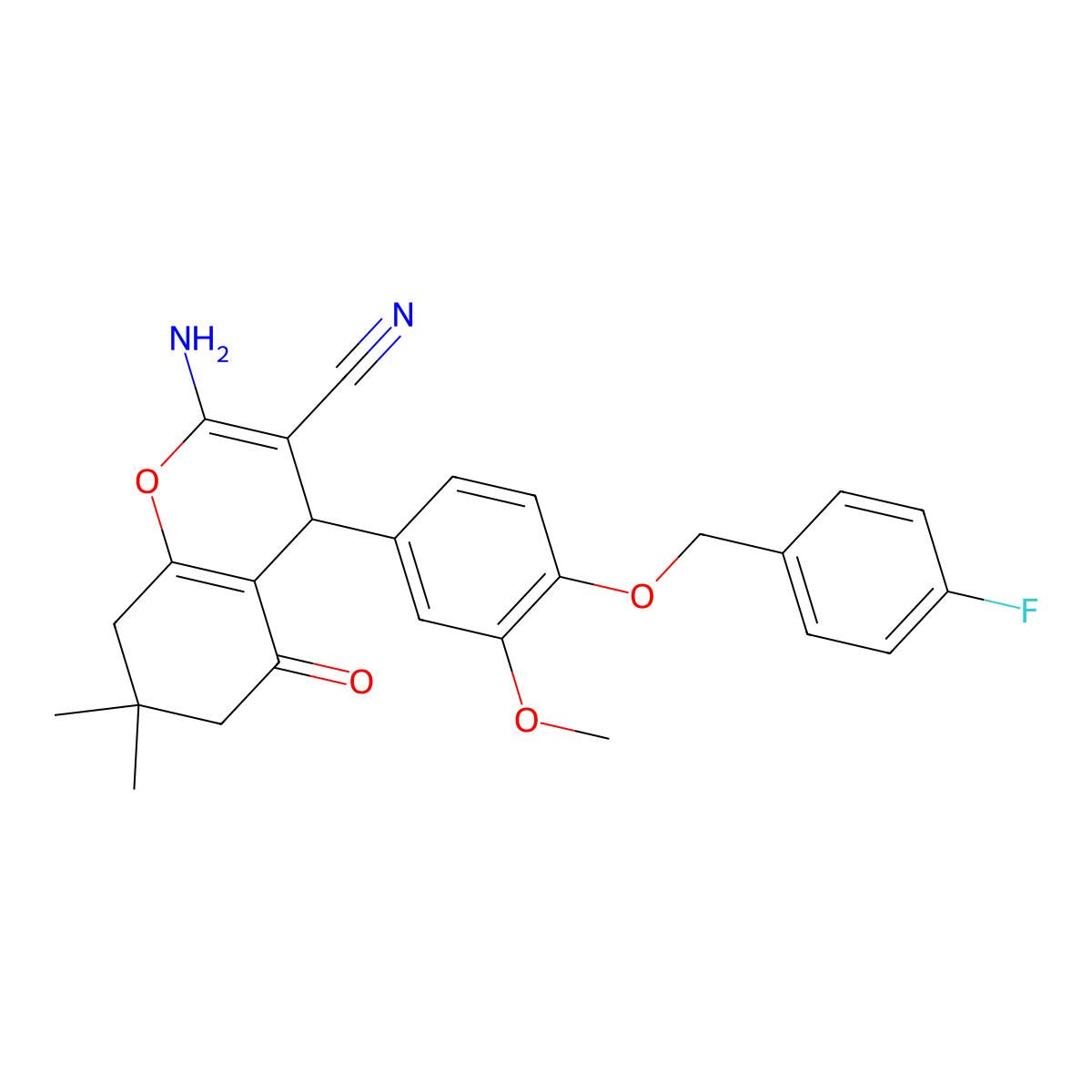 2-amino-4-{4-[(4-fluorobenzyl)oxy]-3-methoxyphenyl}-7,7-dimethyl-5-oxo-5,6,7,8-tetrahydro-4H-chromene-3-carbonitrile molecular structure, CAS 398136-22-6