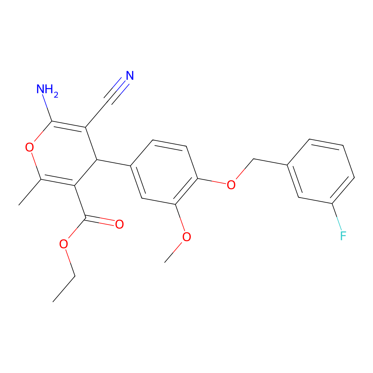 ethyl 6-amino-5-cyano-4-{4-[(3-fluorobenzyl)oxy]-3-methoxyphenyl}-2-methyl-4H-pyran-3-carboxylate molecular structure, CAS 398136-26-0