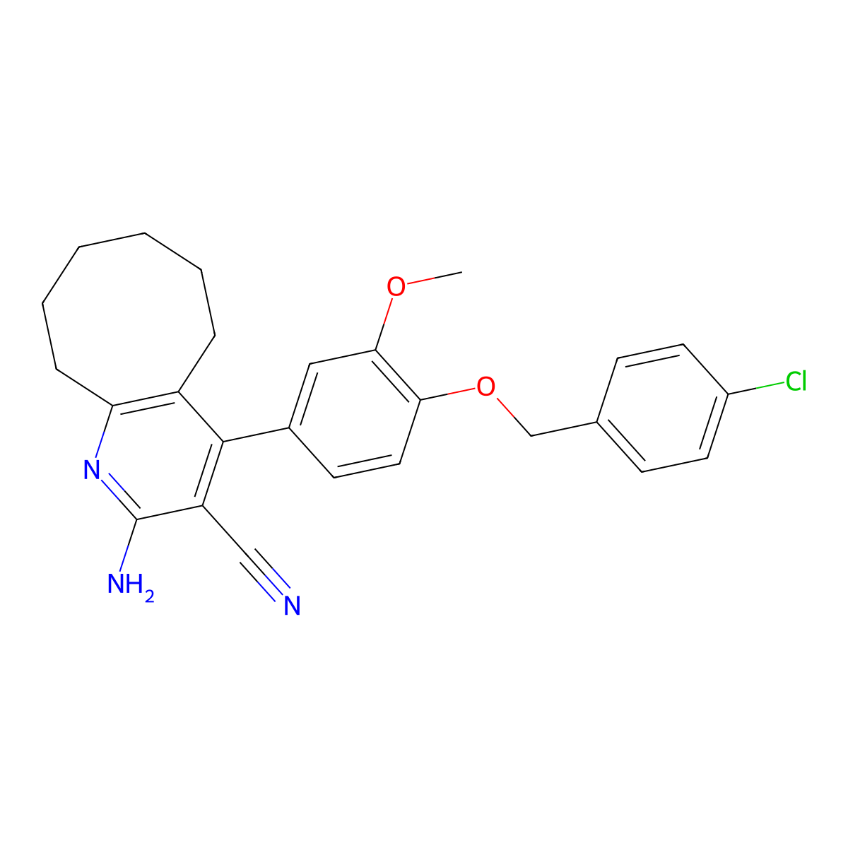2-Amino-4-[4-[(4-chlorophenyl)methoxy]-3-methoxyphenyl]-5,6,7,8,9,10-hexahydrocycloocta[b]pyridine-3-carbonitrile molecular structure, CAS 398136-40-8