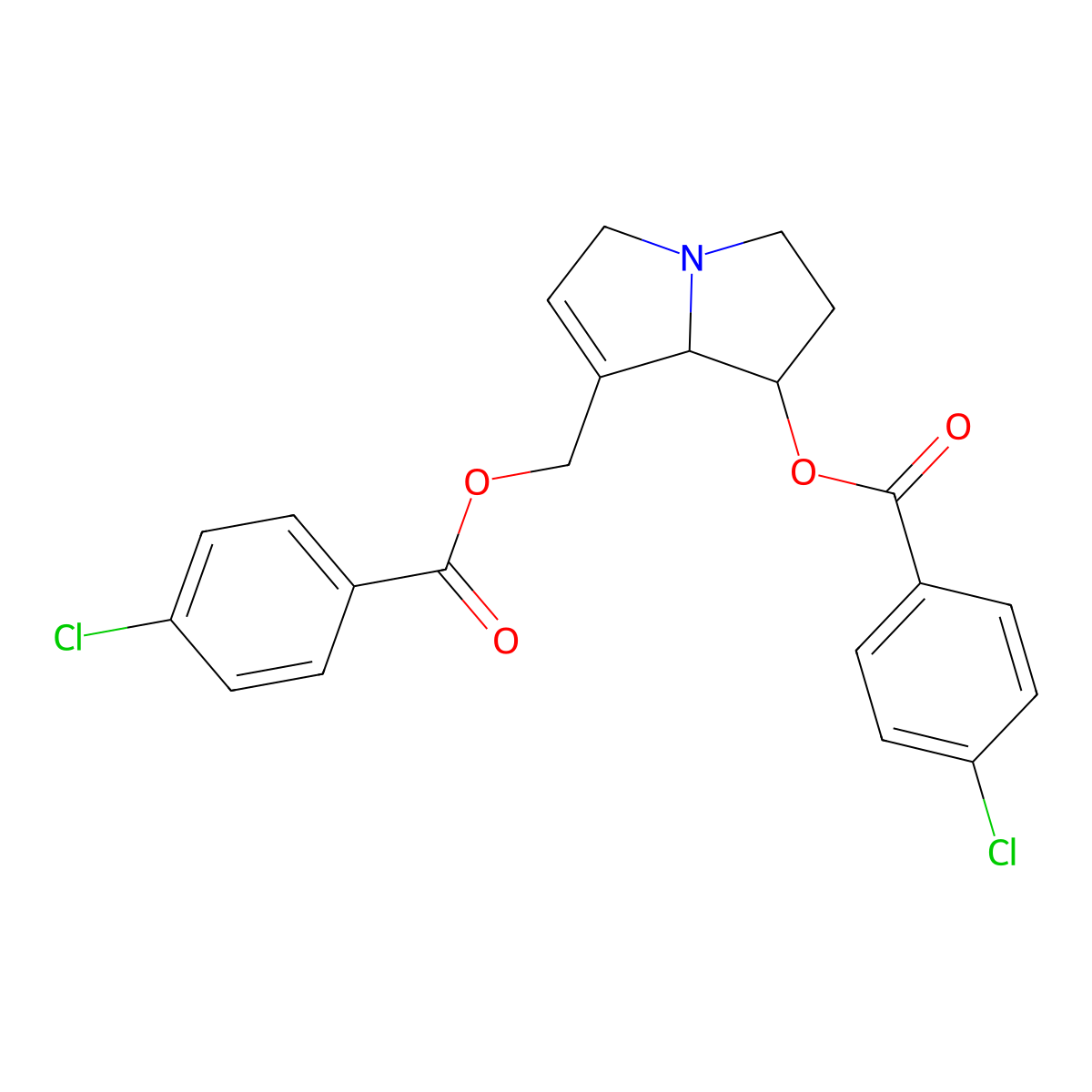 Benzoic acid, 4-chloro-, 7-(((4-chlorobenzoyl)oxy)methyl)-2,3,5,7a-tetrahydro-1H-pyrrolizin-1-yl ester, (1R-trans)- molecular structure, CAS 39818-11-6