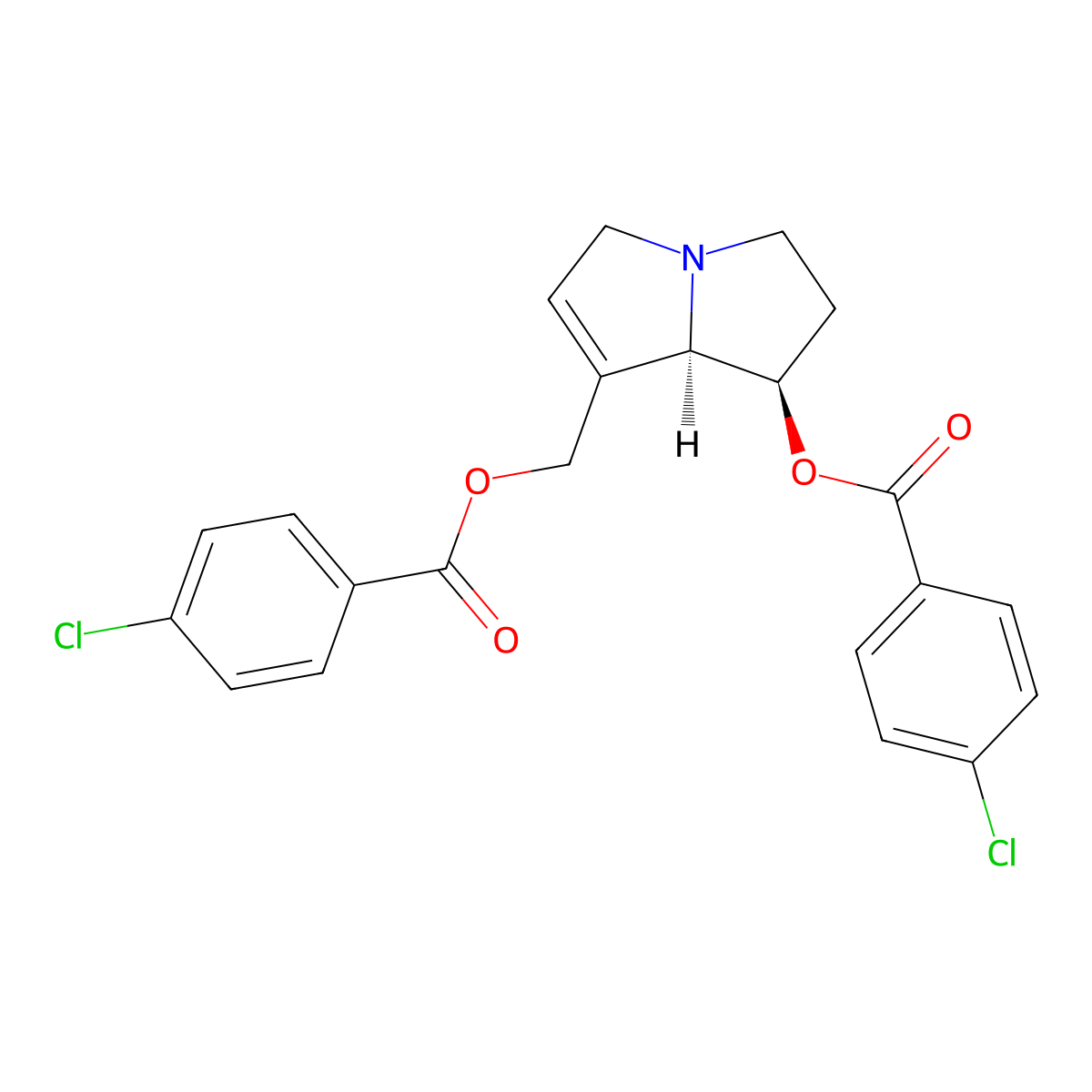 Benzoic acid, 4-chloro-, 7-(((4-chlorobenzoyl)oxy)methyl)-2,3,5,7a-tetrahydro-1H-pyrrolizin-1-yl ester, (1R-trans)- molecular structure, CAS 39818-11-6