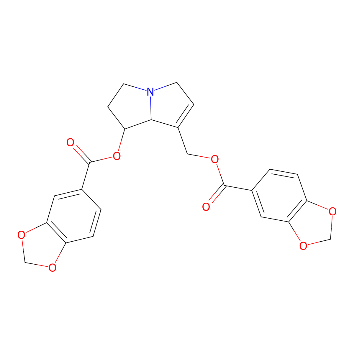 1,3-Benzodioxole-5-carboxylic acid, 7-(((1,3-benzodioxol-5-ylcarbonyl)oxy)methyl)-2,3,5,7a-tetrahydro-1H-pyrrolizin-1-yl ester, (1R-trans)- molecular structure, CAS 39818-13-8