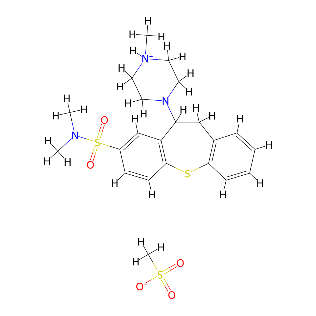 Dibenzo(b,f)thiepin-8-sulfonamide, 10,11-dihydro-N,N-dimethyl-10-(4-methyl-1-piperazinyl)-, methanesulfonate, hydrate (1:1:1) molecular structure, CAS 39841-98-0