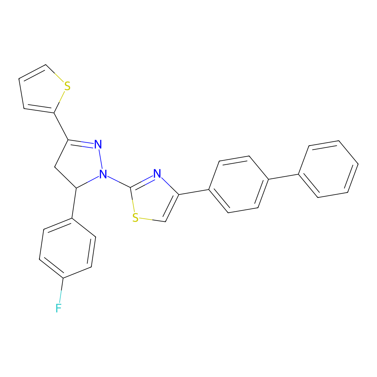 2-[3-(4-Fluorophenyl)-5-thiophen-2-yl-3,4-dihydropyrazol-2-yl]-4-(4-phenylphenyl)-1,3-thiazole molecular structure, CAS 398471-20-0