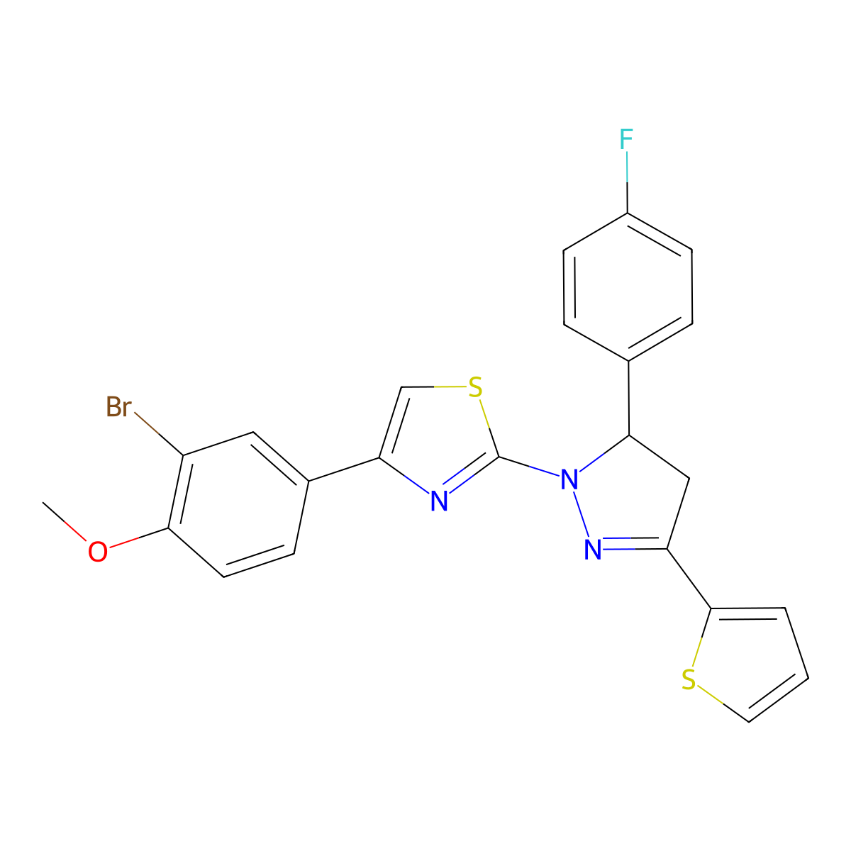 4-(3-Bromo-4-methoxyphenyl)-2-[3-(4-fluorophenyl)-5-thiophen-2-yl-3,4-dihydropyrazol-2-yl]-1,3-thiazole molecular structure, CAS 398471-24-4