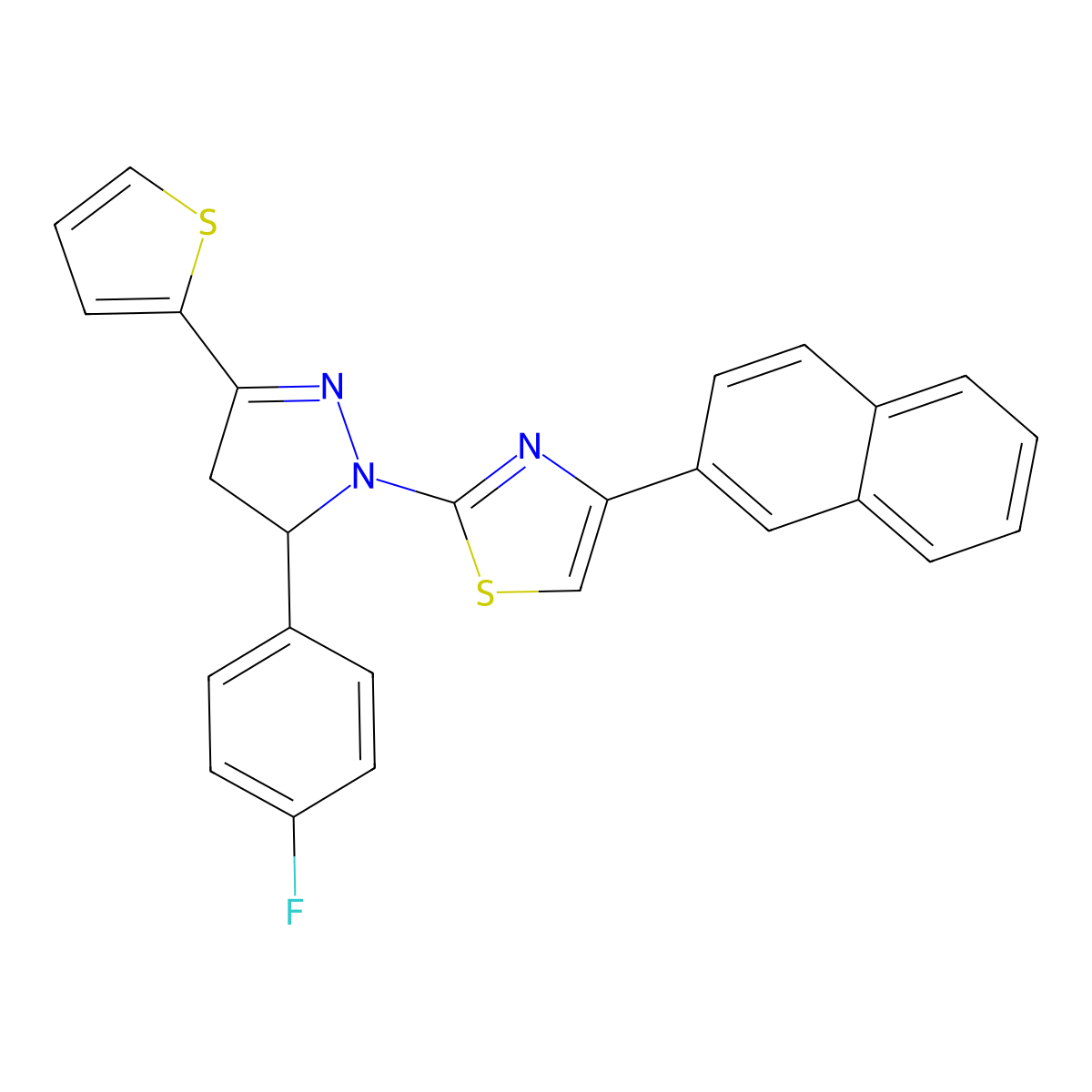 2-[3-(4-Fluorophenyl)-5-thiophen-2-yl-3,4-dihydropyrazol-2-yl]-4-naphthalen-2-yl-1,3-thiazole molecular structure, CAS 398471-25-5