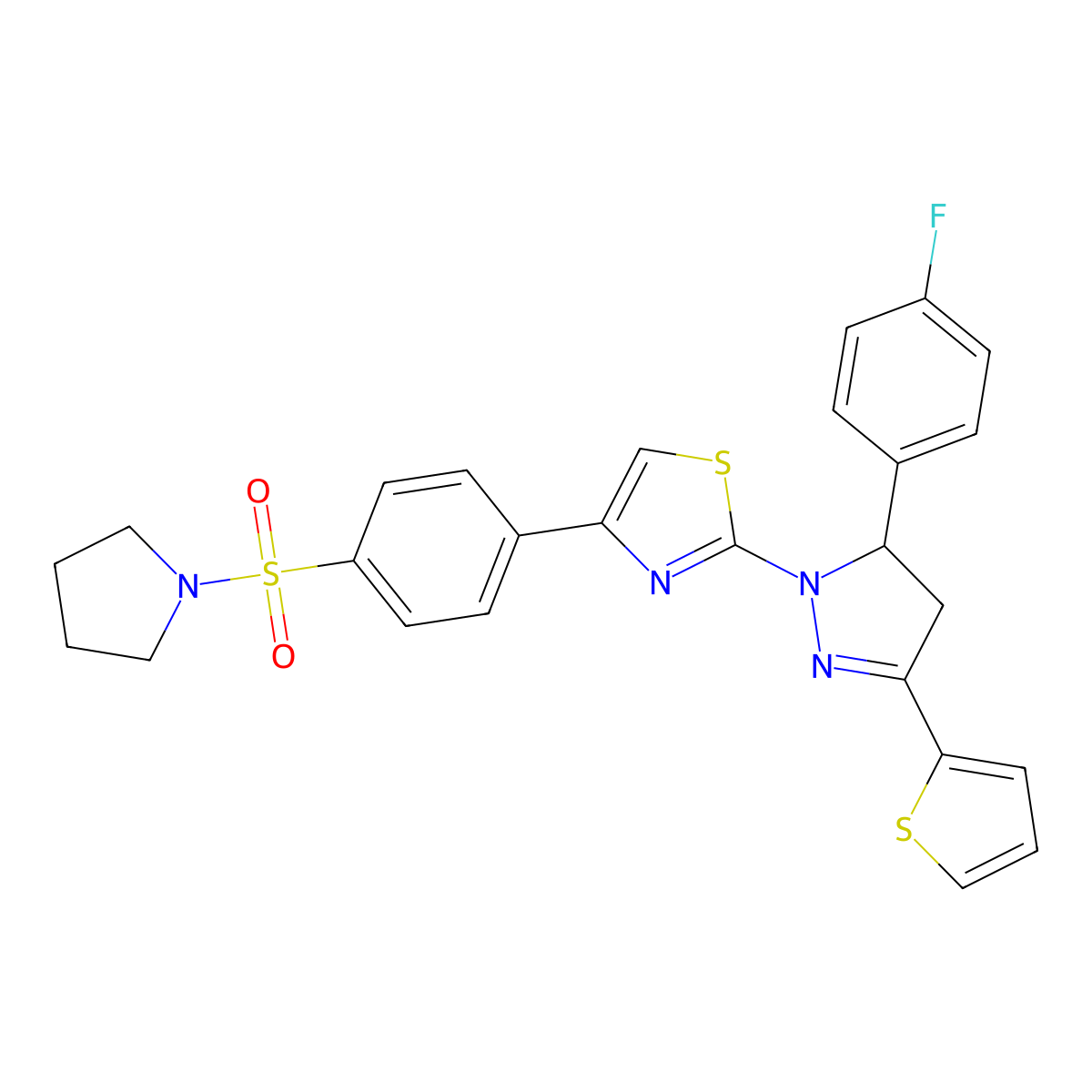 2-[3-(4-Fluorophenyl)-5-thiophen-2-yl-3,4-dihydropyrazol-2-yl]-4-(4-pyrrolidin-1-ylsulfonylphenyl)-1,3-thiazole molecular structure, CAS 398471-33-5