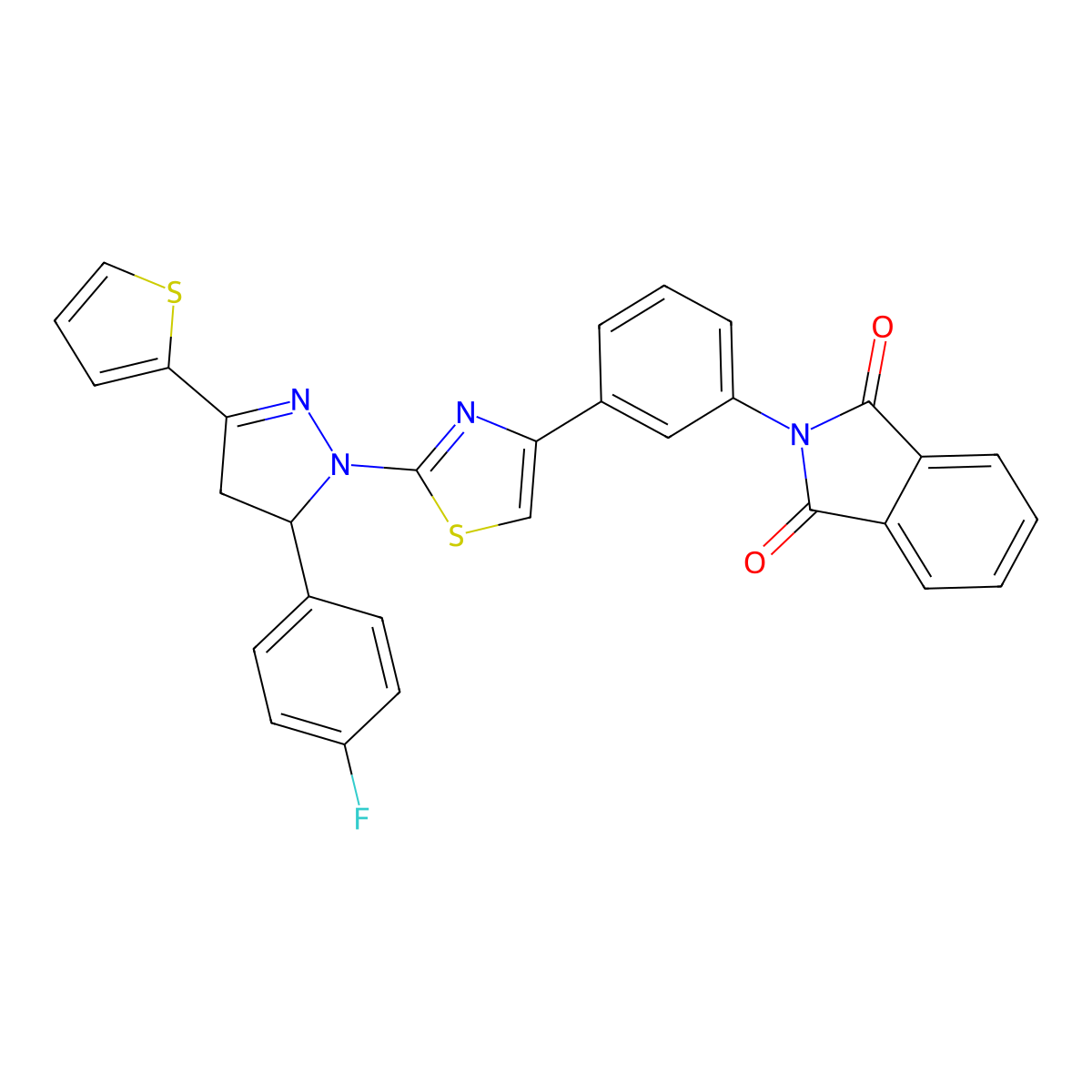 2-[3-[2-[3-(4-Fluorophenyl)-5-thiophen-2-yl-3,4-dihydropyrazol-2-yl]-1,3-thiazol-4-yl]phenyl]isoindole-1,3-dione molecular structure, CAS 398471-34-6