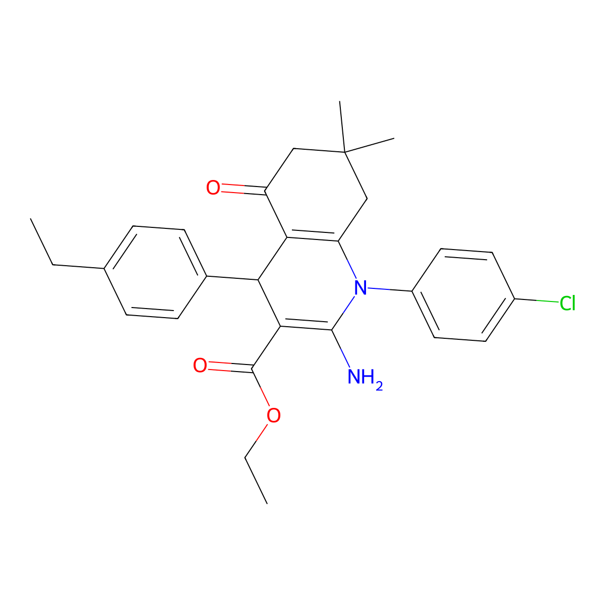 Ethyl 2-amino-1-(4-chlorophenyl)-4-(4-ethylphenyl)-7,7-dimethyl-5-oxo-1,4,5,6,7,8-hexahydro-3-quinolinecarboxylate molecular structure, CAS 398471-51-7
