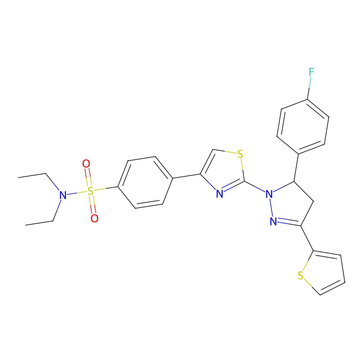 N,N-diethyl-4-[2-[3-(4-fluorophenyl)-5-thiophen-2-yl-3,4-dihydropyrazol-2-yl]-1,3-thiazol-4-yl]benzenesulfonamide molecular structure, CAS 398471-74-4