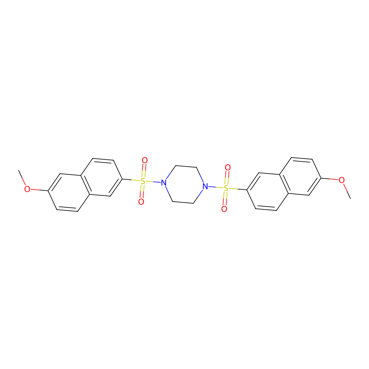 1,4-Bis[(6-methoxynaphthalen-2-yl)sulfonyl]piperazine molecular structure, CAS 398996-55-9
