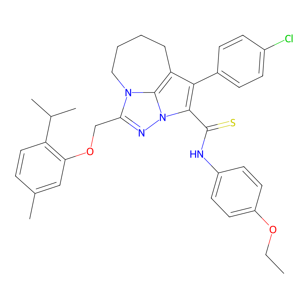 1-(4-chlorophenyl)-N-(4-ethoxyphenyl)-4-((2-isopropyl-5-methylphenoxy)methyl)-5,6,7,8-tetrahydro-2a,3,4a-triazacyclopenta[cd]azulene-2-carbothioamide molecular structure, CAS 398997-54-1