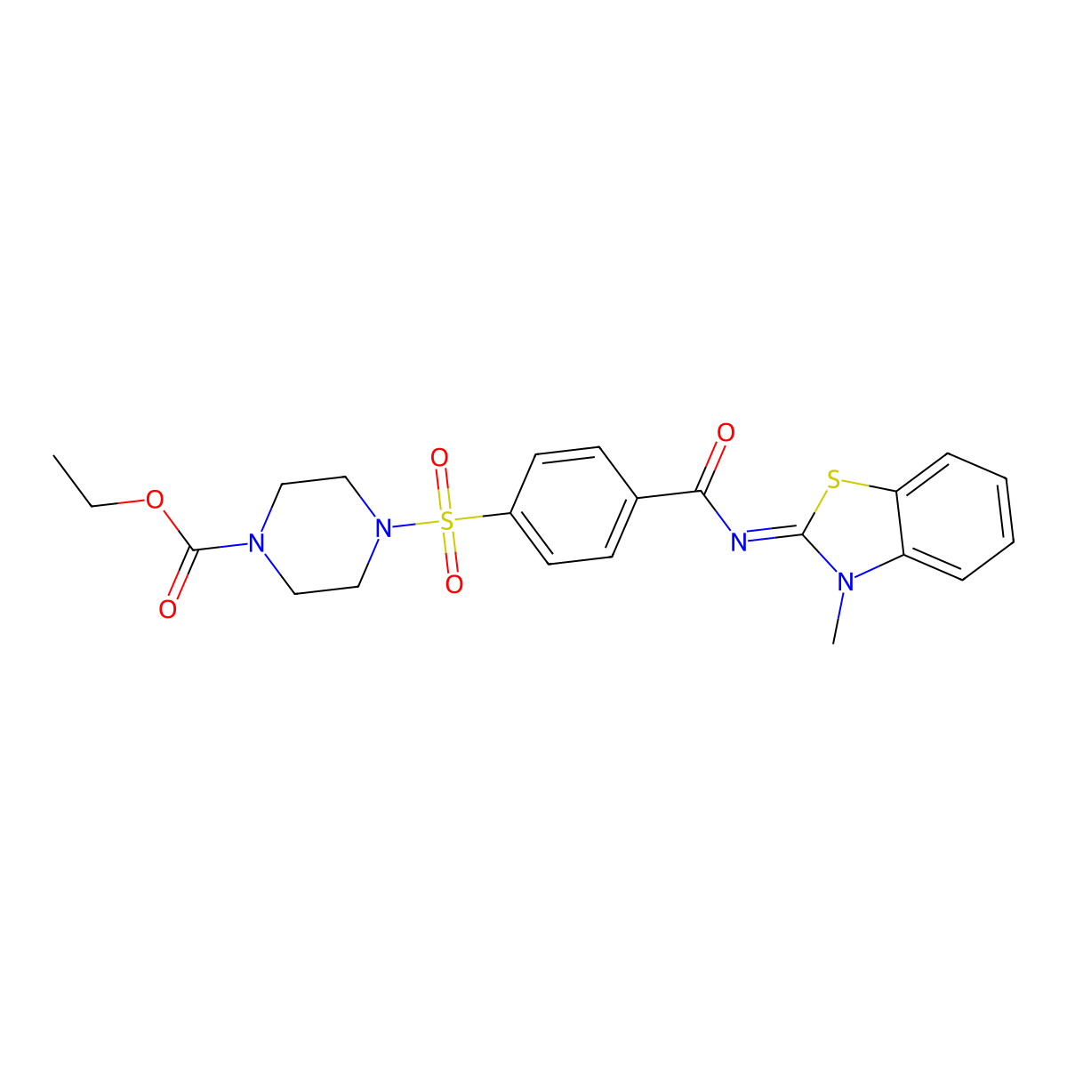 (Z)-ethyl 4-((4-((3-methylbenzo[d]thiazol-2(3H)-ylidene)carbamoyl)phenyl)sulfonyl)piperazine-1-carboxylate molecular structure, CAS 398997-93-8