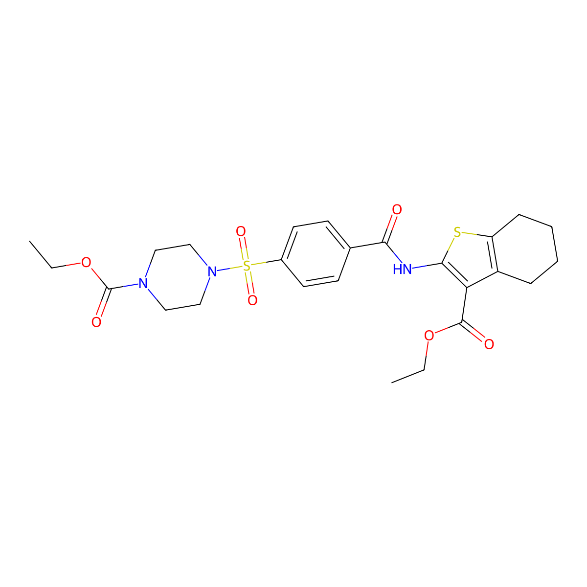 Ethyl 4-((4-((3-(ethoxycarbonyl)-4,5,6,7-tetrahydrobenzo[b]thiophen-2-yl)carbamoyl)phenyl)sulfonyl)piperazine-1-carboxylate molecular structure, CAS 398998-67-9