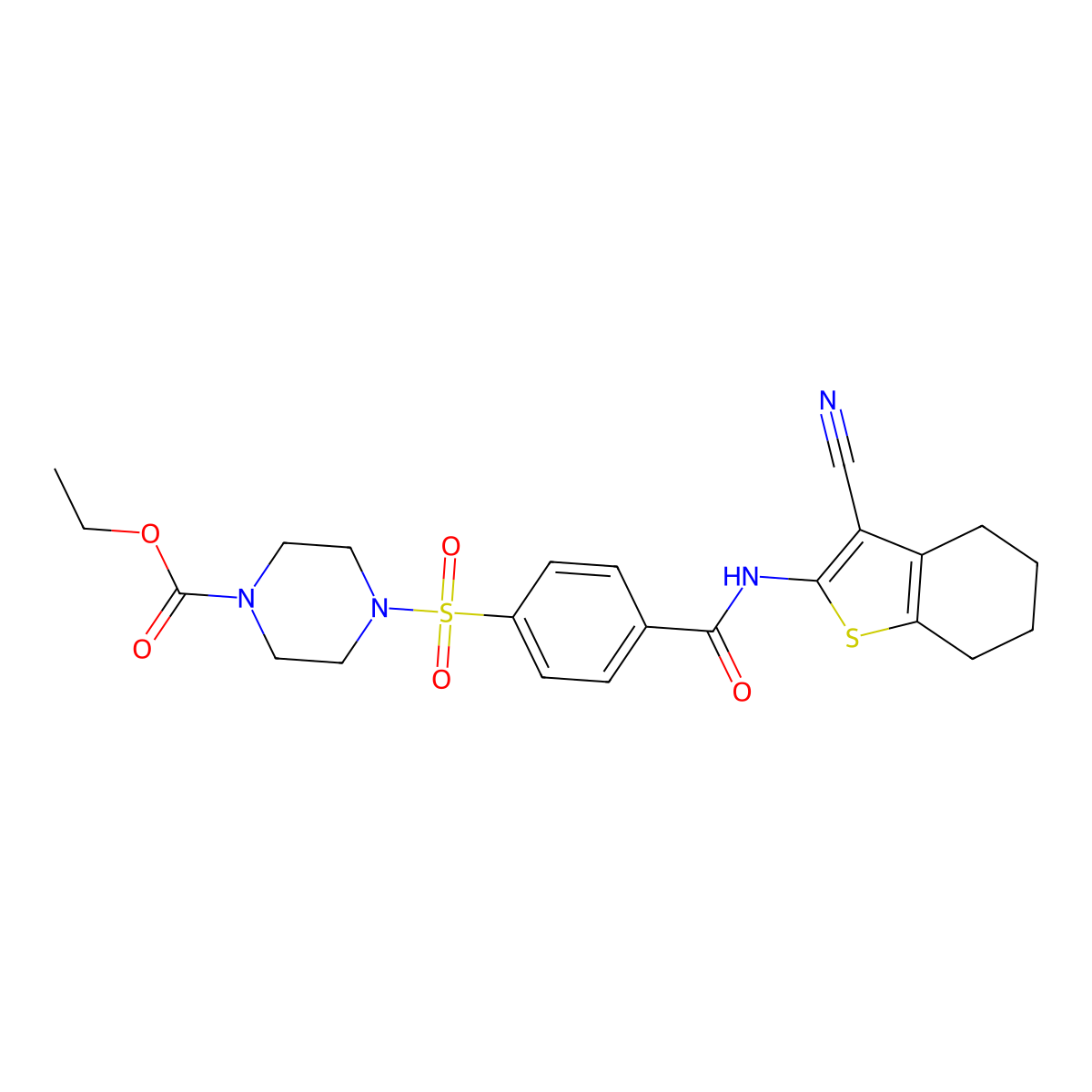 Ethyl 4-((4-((3-cyano-4,5,6,7-tetrahydrobenzo[b]thiophen-2-yl)carbamoyl)phenyl)sulfonyl)piperazine-1-carboxylate molecular structure, CAS 398998-73-7