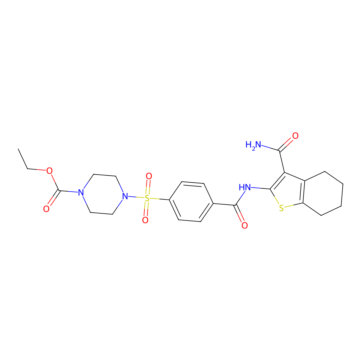 Ethyl 4-((4-((3-carbamoyl-4,5,6,7-tetrahydrobenzo[b]thiophen-2-yl)carbamoyl)phenyl)sulfonyl)piperazine-1-carboxylate molecular structure, CAS 398998-76-0