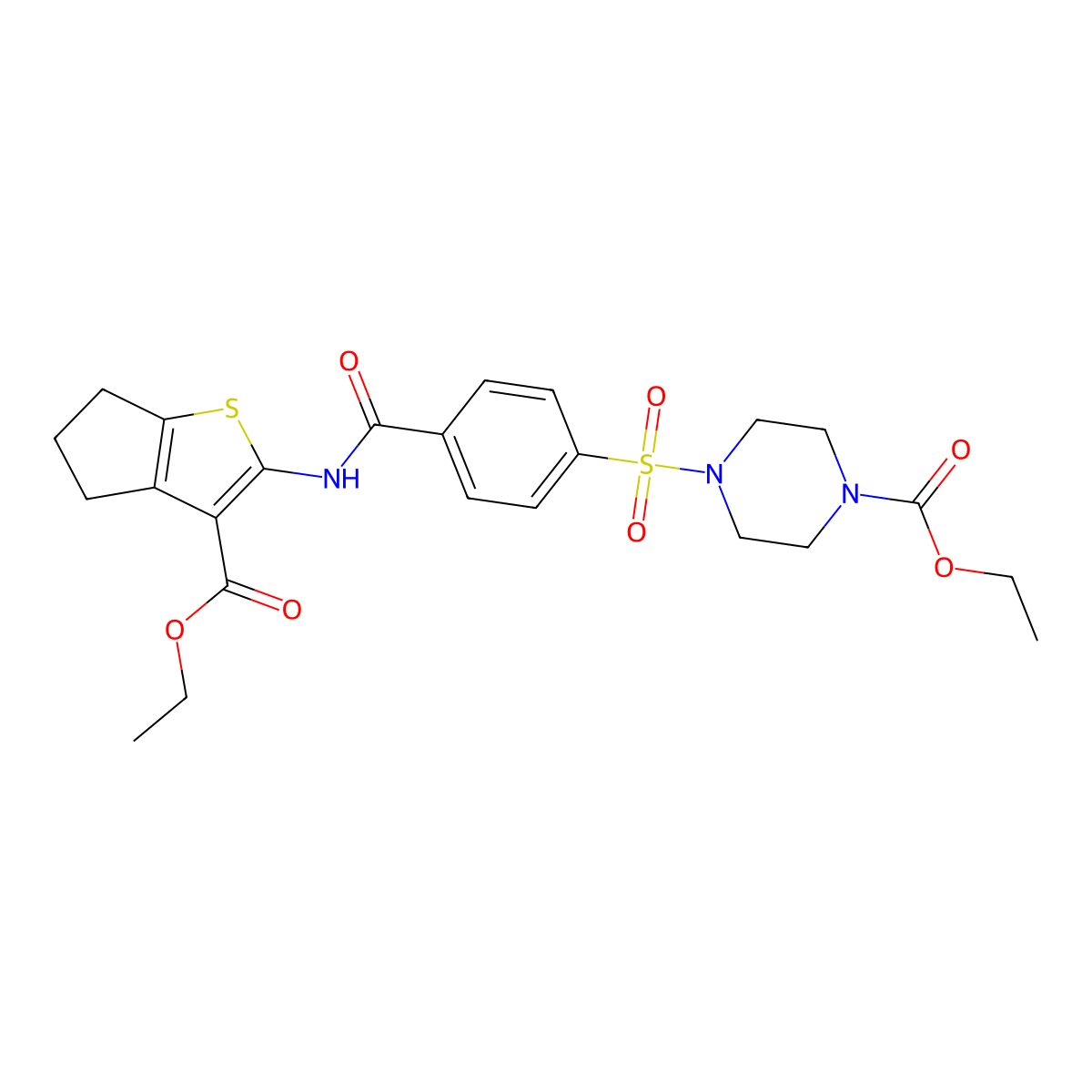 ethyl 4-((4-((3-(ethoxycarbonyl)-5,6-dihydro-4H-cyclopenta[b]thiophen-2-yl)carbamoyl)phenyl)sulfonyl)piperazine-1-carboxylate molecular structure, CAS 398998-79-3
