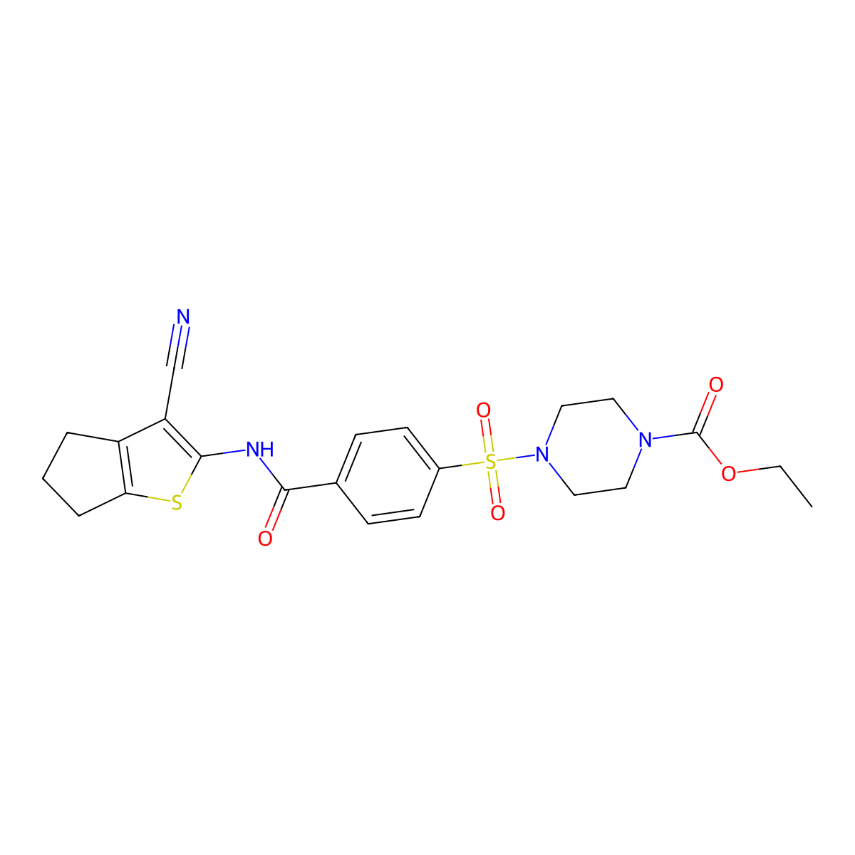 ethyl 4-[4-[(3-cyano-5,6-dihydro-4H-cyclopenta[b]thiophen-2-yl)carbamoyl]phenyl]sulfonylpiperazine-1-carboxylate molecular structure, CAS 398998-82-8