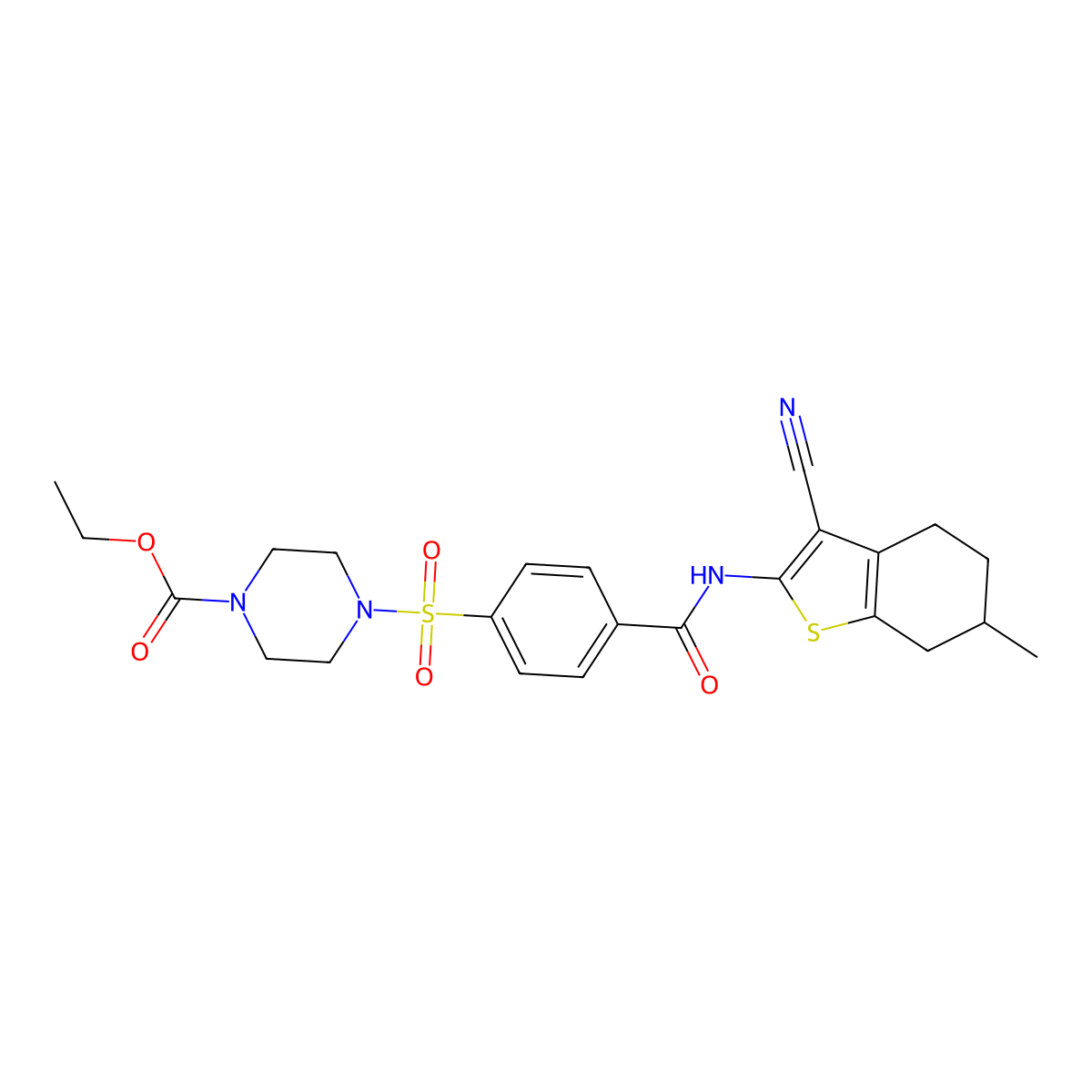 Ethyl 4-((4-((3-cyano-6-methyl-4,5,6,7-tetrahydrobenzo[b]thiophen-2-yl)carbamoyl)phenyl)sulfonyl)piperazine-1-carboxylate molecular structure, CAS 398998-87-3