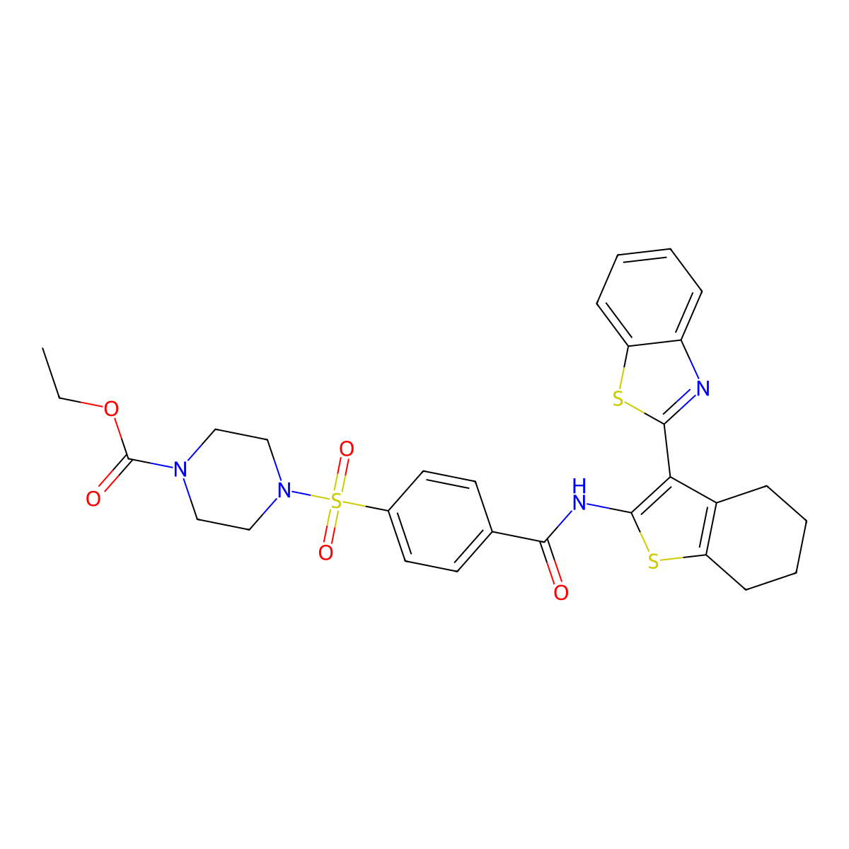 Ethyl 4-((4-((3-(benzo[d]thiazol-2-yl)-4,5,6,7-tetrahydrobenzo[b]thiophen-2-yl)carbamoyl)phenyl)sulfonyl)piperazine-1-carboxylate molecular structure, CAS 398998-89-5