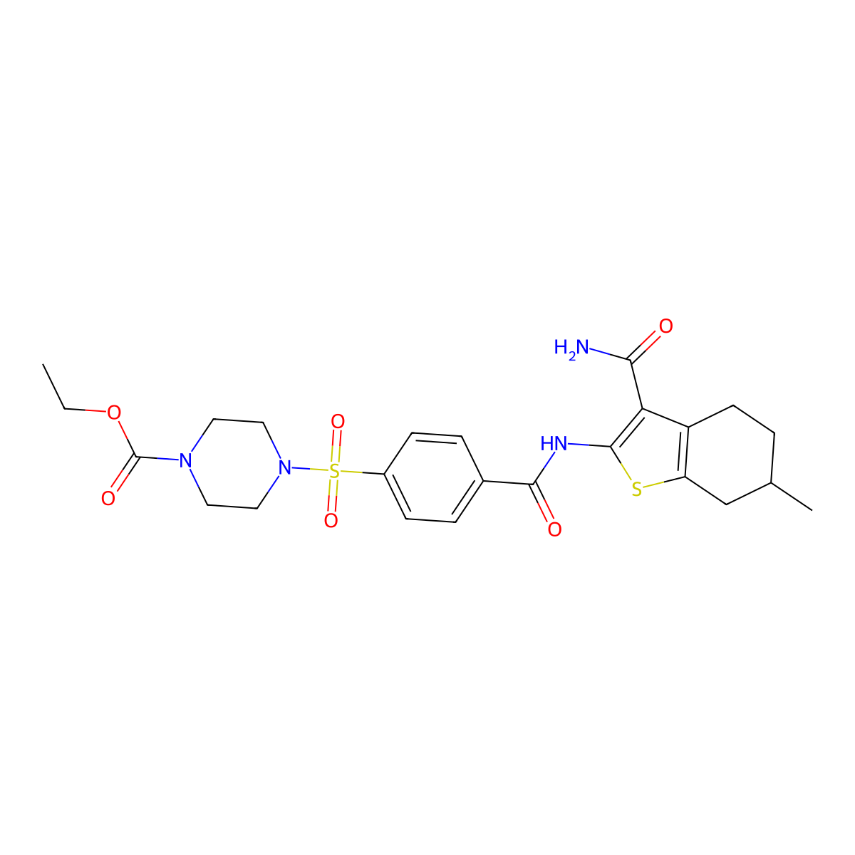 Ethyl 4-((4-((3-carbamoyl-6-methyl-4,5,6,7-tetrahydrobenzo[b]thiophen-2-yl)carbamoyl)phenyl)sulfonyl)piperazine-1-carboxylate molecular structure, CAS 398998-92-0