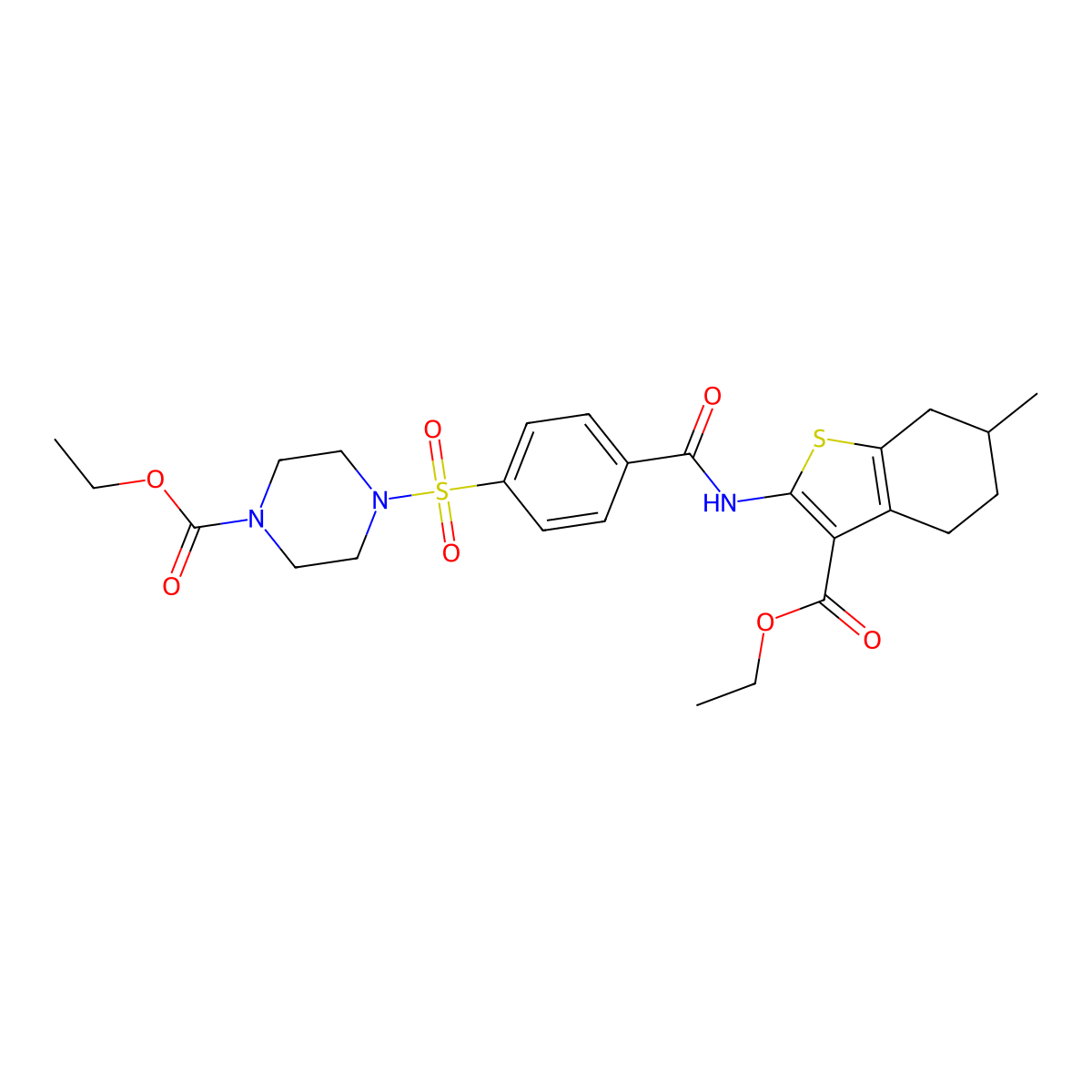 Ethyl 4-((4-((3-(ethoxycarbonyl)-6-methyl-4,5,6,7-tetrahydrobenzo[b]thiophen-2-yl)carbamoyl)phenyl)sulfonyl)piperazine-1-carboxylate molecular structure, CAS 398998-95-3