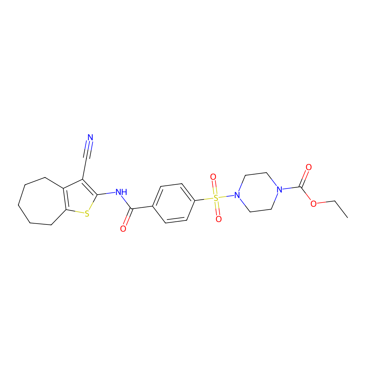 ethyl 4-((4-((3-cyano-5,6,7,8-tetrahydro-4H-cyclohepta[b]thiophen-2-yl)carbamoyl)phenyl)sulfonyl)piperazine-1-carboxylate molecular structure, CAS 398999-00-3