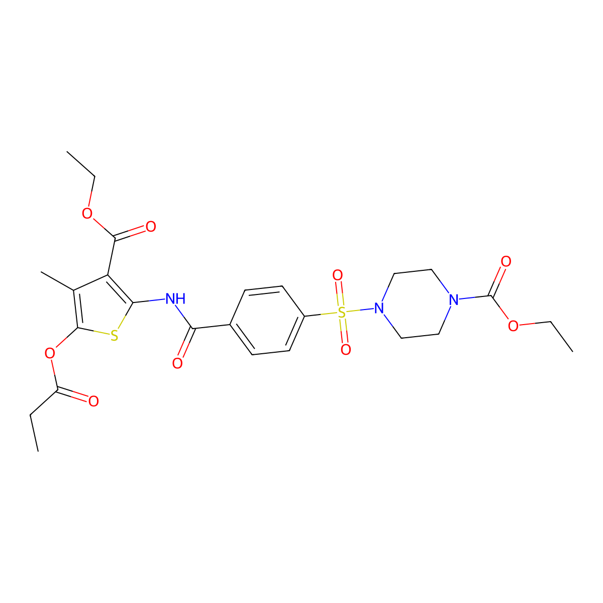 Ethyl 4-((4-((3-(ethoxycarbonyl)-4-methyl-5-(propionyloxy)thiophen-2-yl)carbamoyl)phenyl)sulfonyl)piperazine-1-carboxylate molecular structure, CAS 398999-12-7