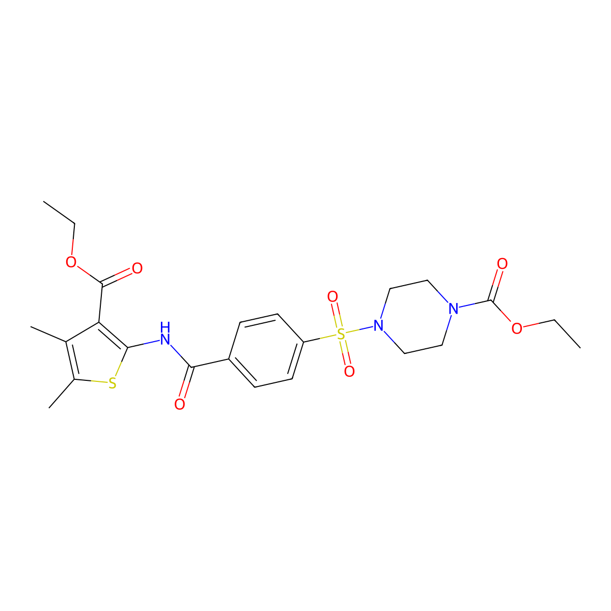Ethyl 4-((4-((3-(ethoxycarbonyl)-4,5-dimethylthiophen-2-yl)carbamoyl)phenyl)sulfonyl)piperazine-1-carboxylate molecular structure, CAS 398999-16-1