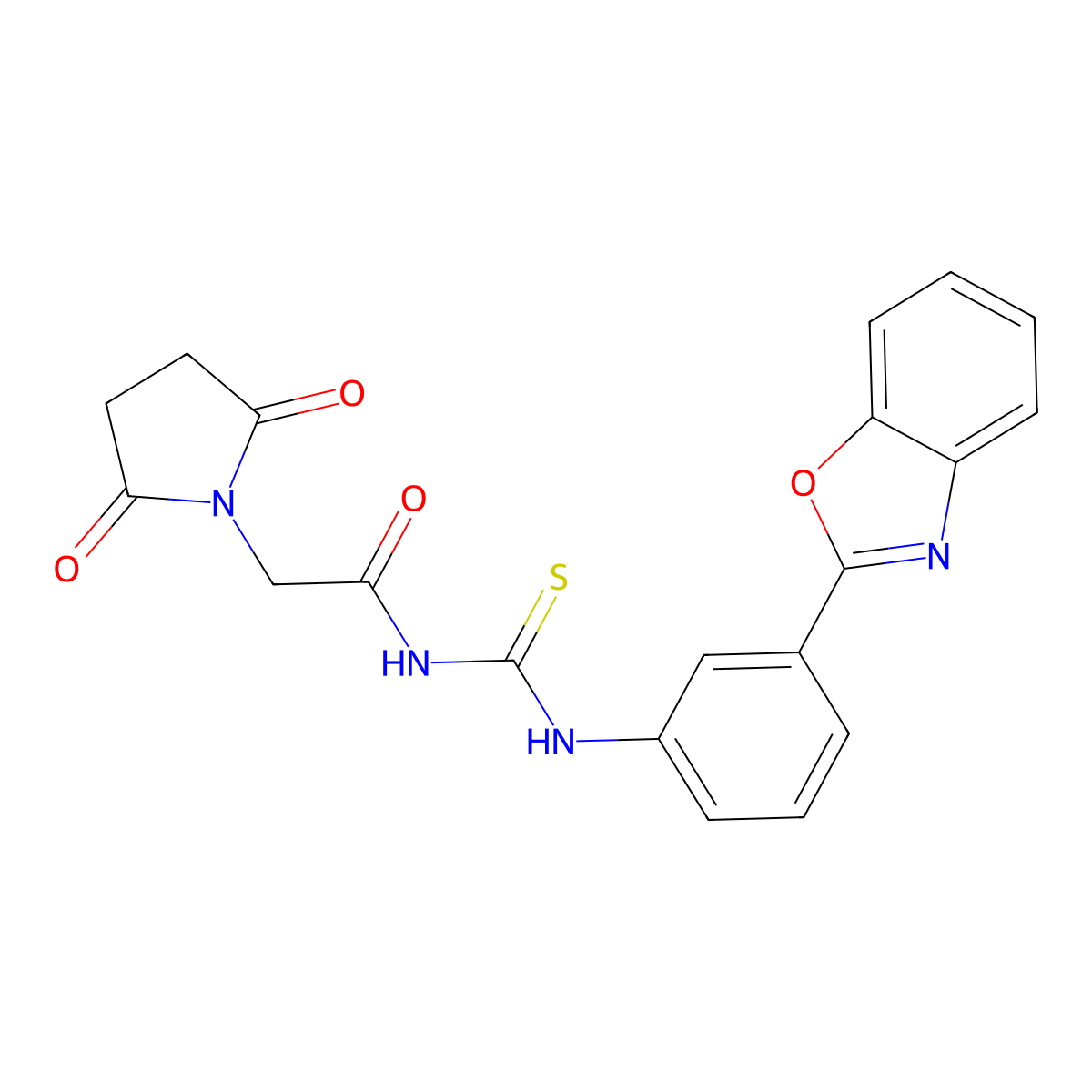 N-((3-(benzo[d]oxazol-2-yl)phenyl)carbamothioyl)-2-(2,5-dioxopyrrolidin-1-yl)acetamide molecular structure, CAS 398999-46-7