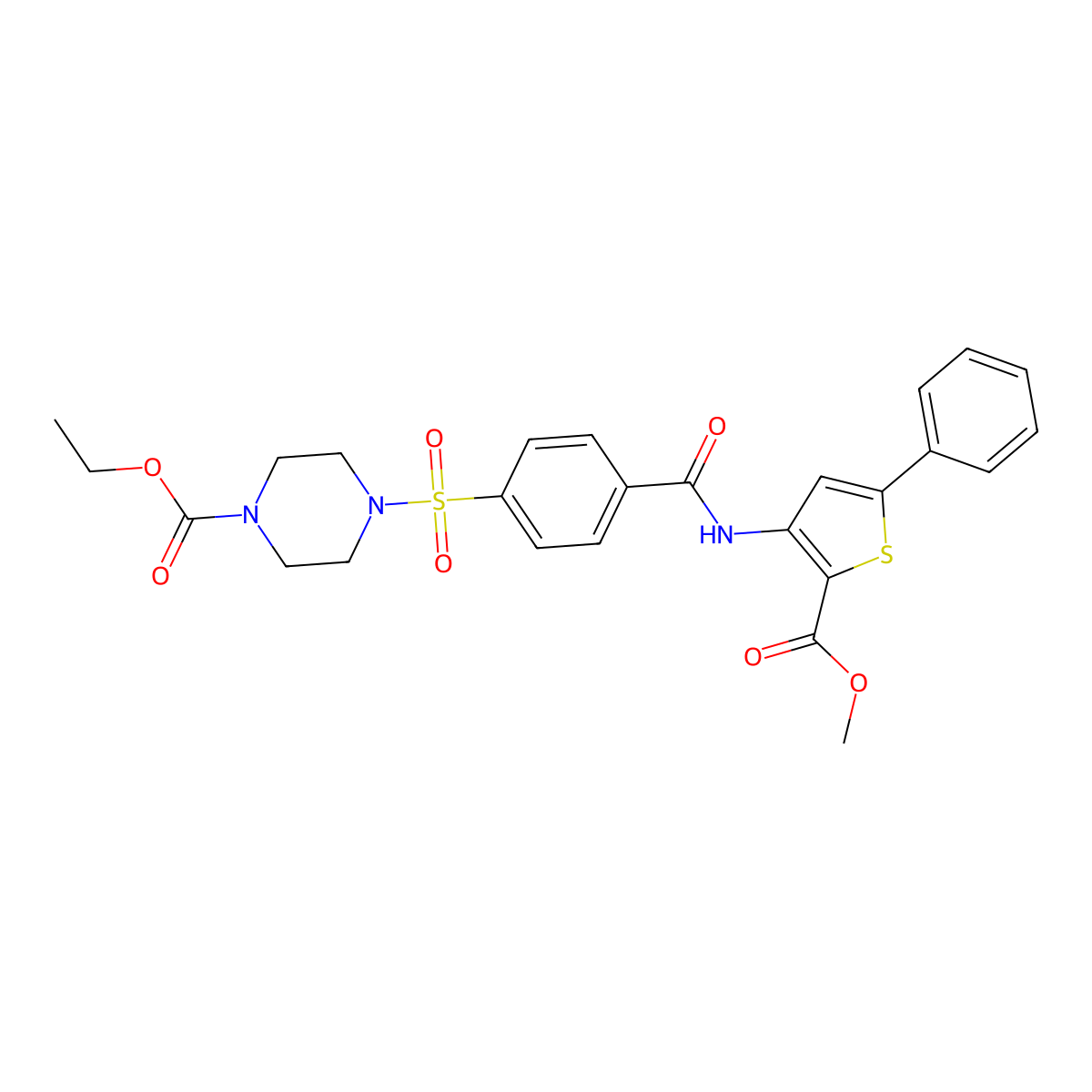 Ethyl 4-[4-[(2-methoxycarbonyl-5-phenylthiophen-3-yl)carbamoyl]phenyl]sulfonylpiperazine-1-carboxylate molecular structure, CAS 398999-50-3