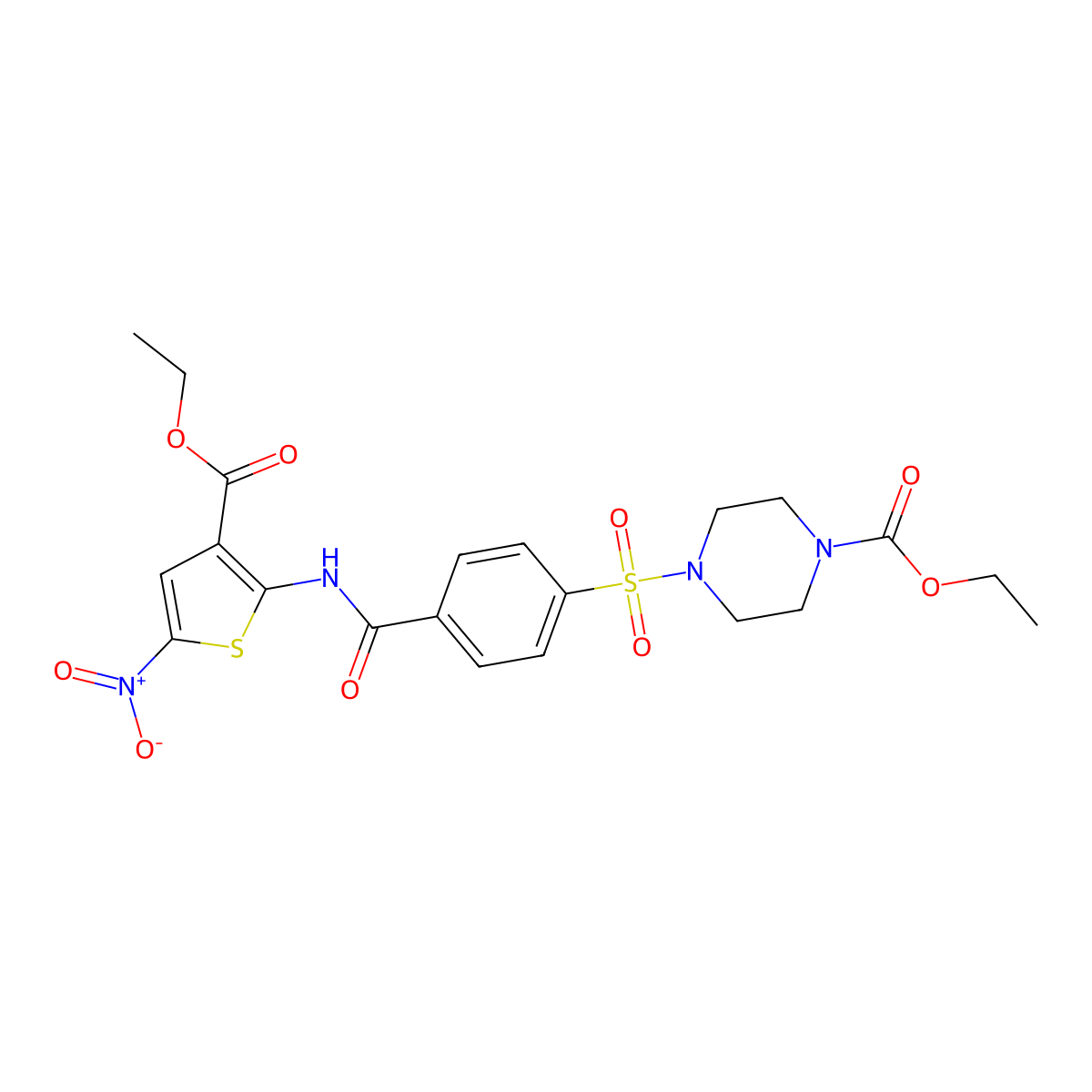 Ethyl 4-((4-((3-(ethoxycarbonyl)-5-nitrothiophen-2-yl)carbamoyl)phenyl)sulfonyl)piperazine-1-carboxylate molecular structure, CAS 398999-68-3