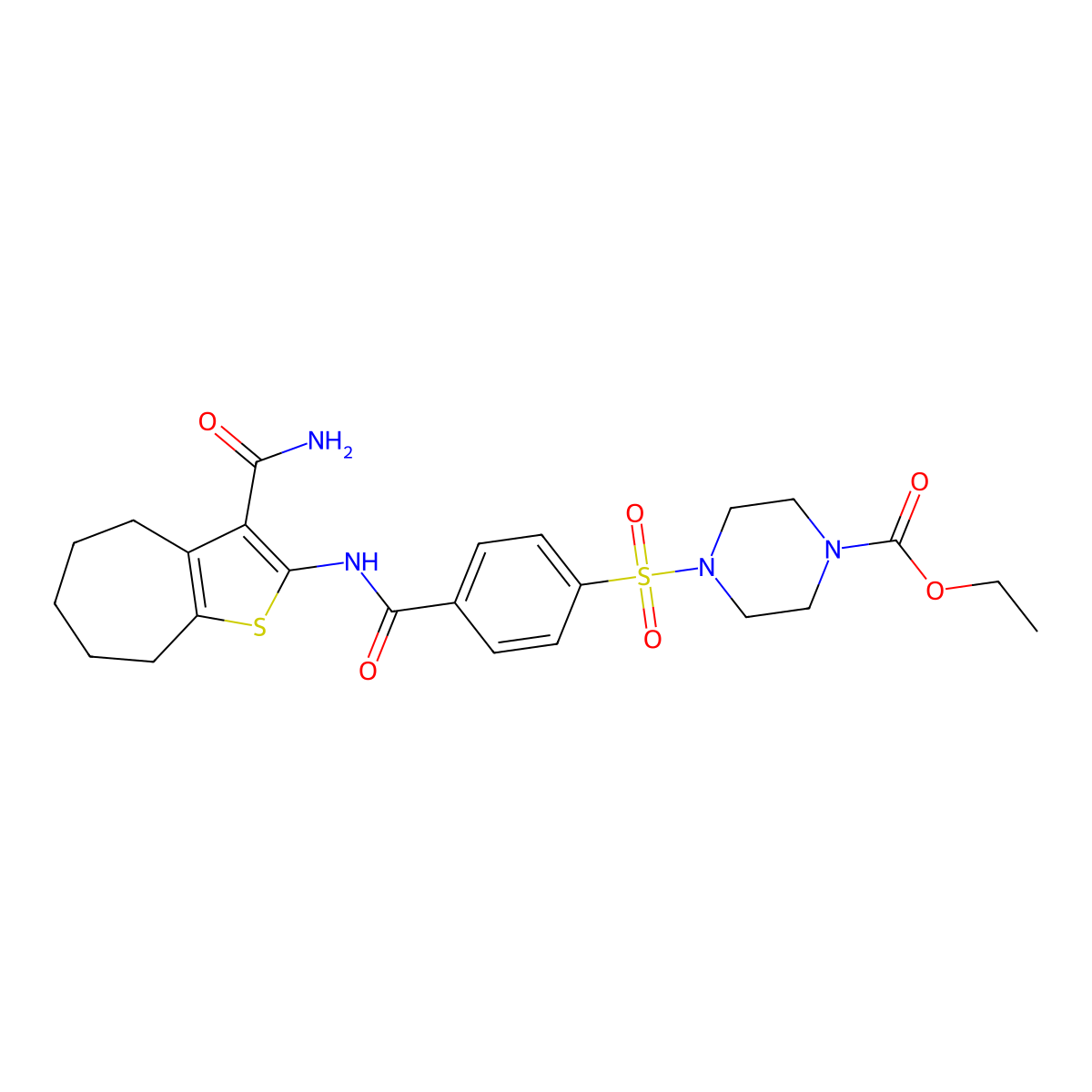 ethyl 4-((4-((3-carbamoyl-5,6,7,8-tetrahydro-4H-cyclohepta[b]thiophen-2-yl)carbamoyl)phenyl)sulfonyl)piperazine-1-carboxylate molecular structure, CAS 398999-73-0