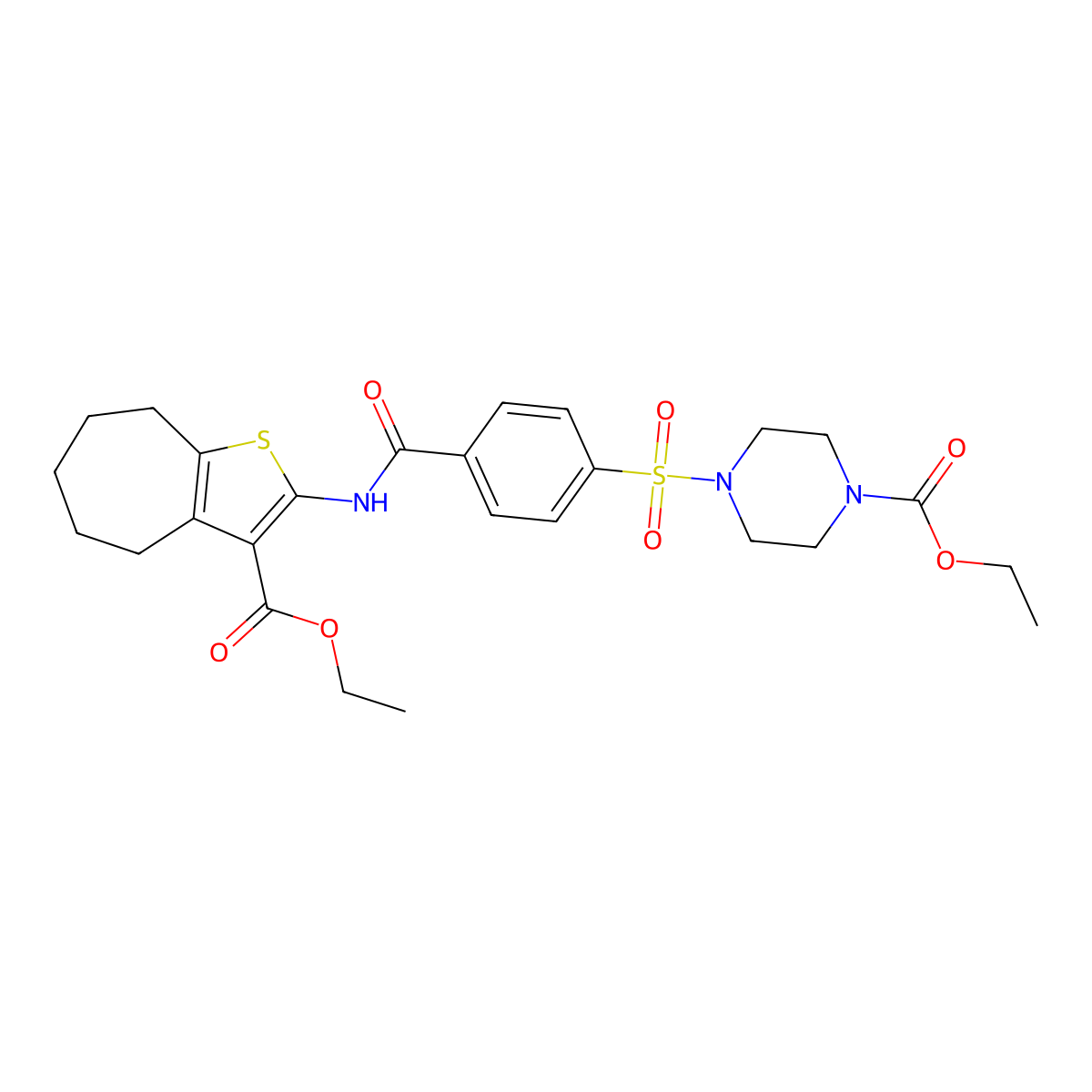 ethyl 4-((4-((3-(ethoxycarbonyl)-5,6,7,8-tetrahydro-4H-cyclohepta[b]thiophen-2-yl)carbamoyl)phenyl)sulfonyl)piperazine-1-carboxylate molecular structure, CAS 398999-76-3