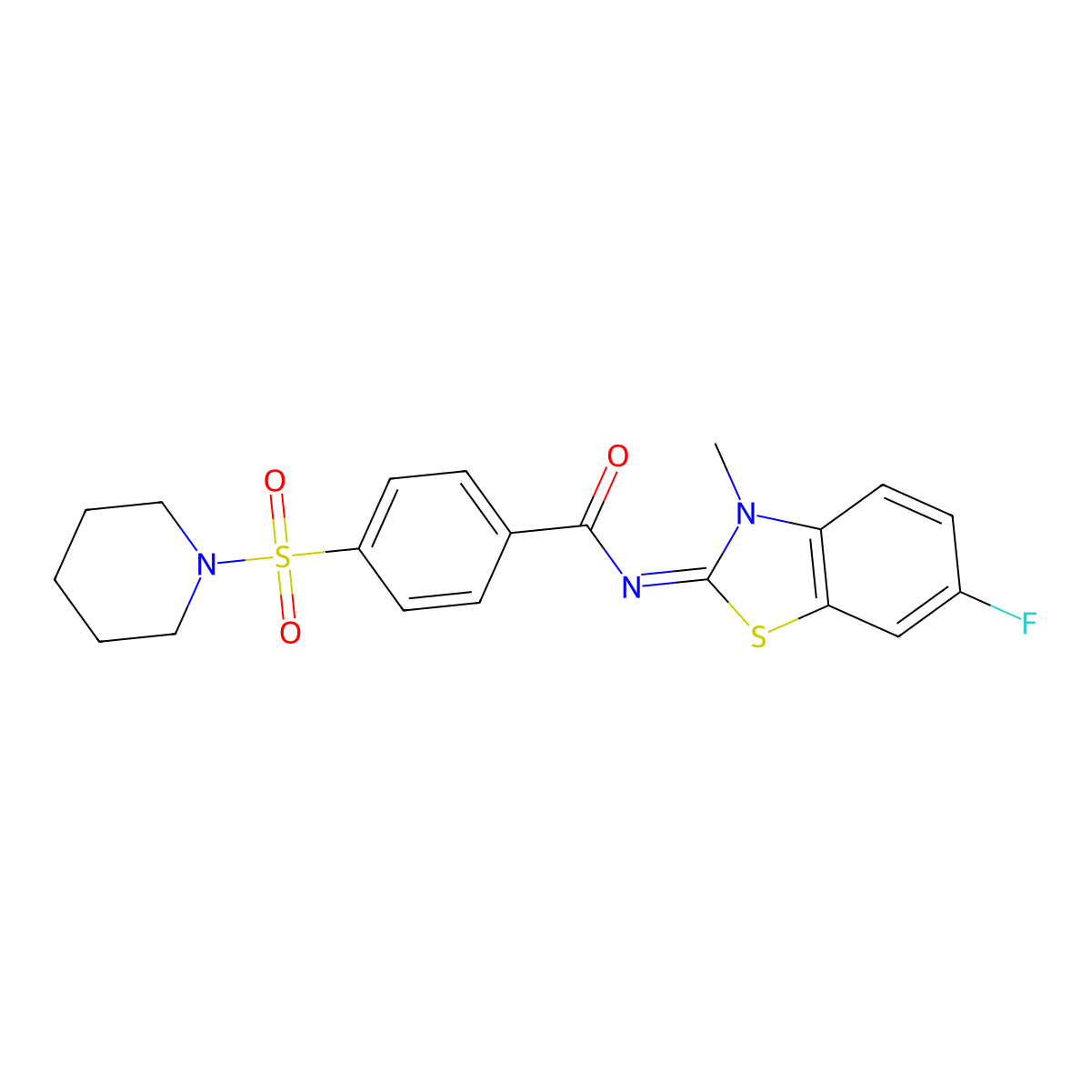 N-(6-fluoro-3-methyl-1,3-benzothiazol-2-ylidene)-4-piperidin-1-ylsulfonylbenzamide molecular structure, CAS 398999-96-7