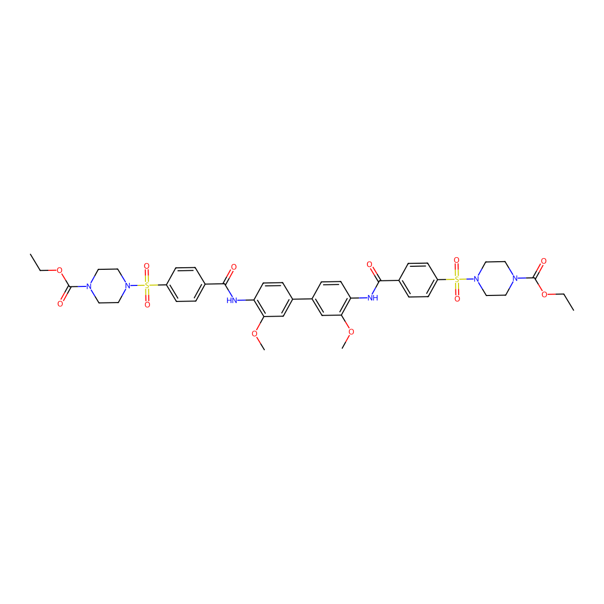 Ethyl 4-[4-[[4-[4-[[4-(4-ethoxycarbonylpiperazin-1-yl)sulfonylbenzoyl]amino]-3-methoxyphenyl]-2-methoxyphenyl]carbamoyl]phenyl]sulfonylpiperazine-1-carboxylate molecular structure, CAS 399001-06-0