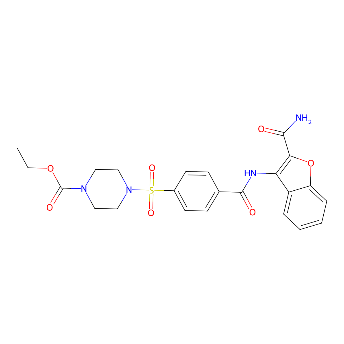 Ethyl 4-((4-((2-carbamoylbenzofuran-3-yl)carbamoyl)phenyl)sulfonyl)piperazine-1-carboxylate molecular structure, CAS 399001-44-6