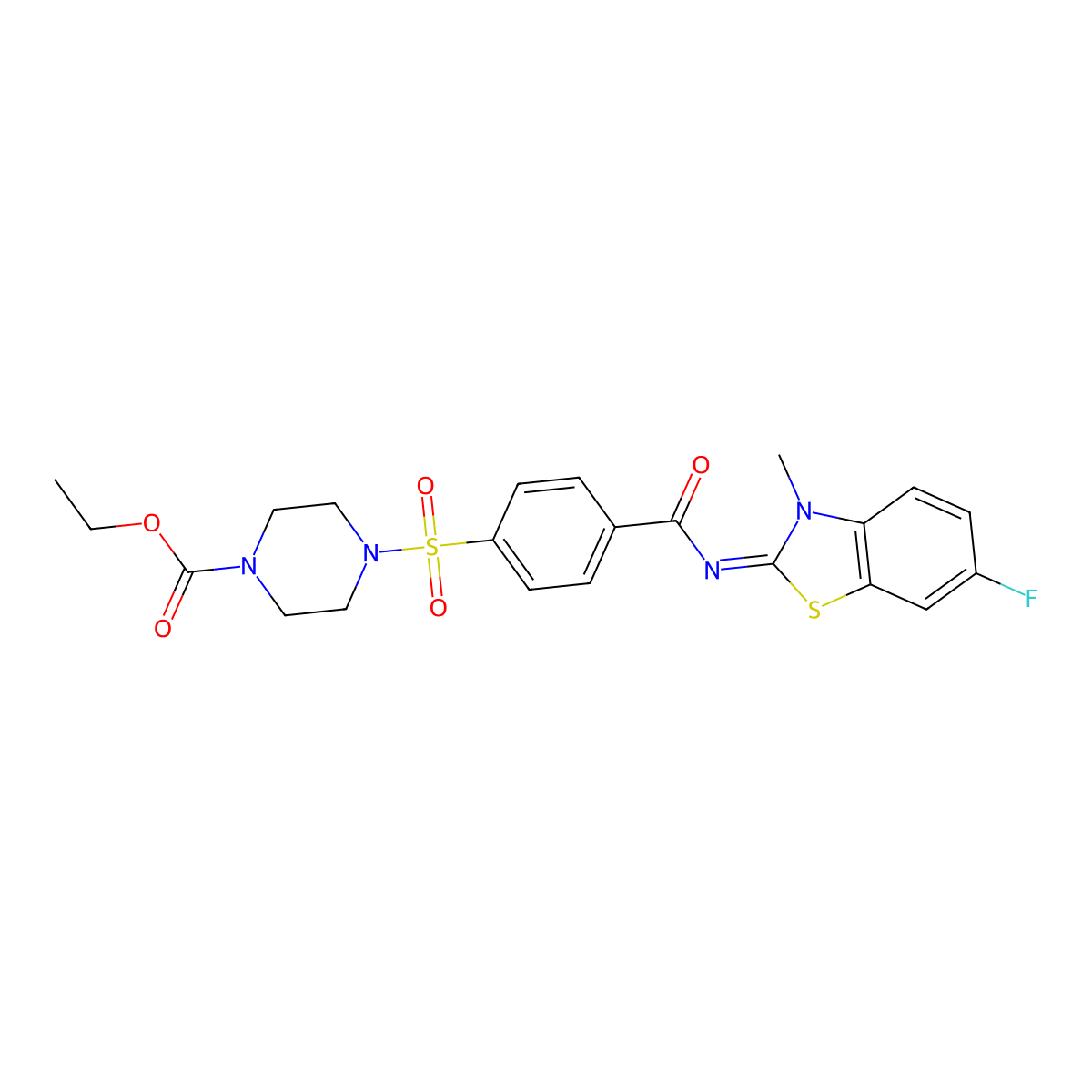(E)-ethyl 4-((4-((6-fluoro-3-methylbenzo[d]thiazol-2(3H)-ylidene)carbamoyl)phenyl)sulfonyl)piperazine-1-carboxylate molecular structure, CAS 399001-47-9