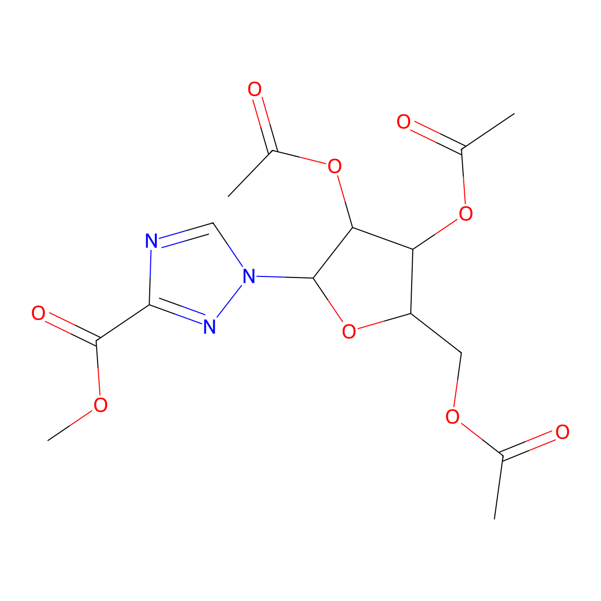 Methyl 1-(2,3,5-tri-O-acetyl-beta-D-ribofuranosyl)-1H-1,2,4-triazole-3-carboxylate molecular structure, CAS 39925-10-5