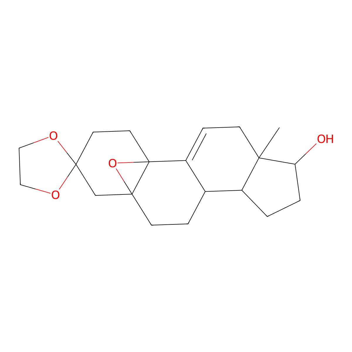 (5R,10R,13S,17S)-13-methyl-1,2,4,6,7,8,12,13,14,15,16,17-dodecahydrospiro[5,10-epoxycyclopenta[a]phenanthrene-3,2'-[1,3]dioxolan]-17-ol molecular structure, CAS 39931-89-0