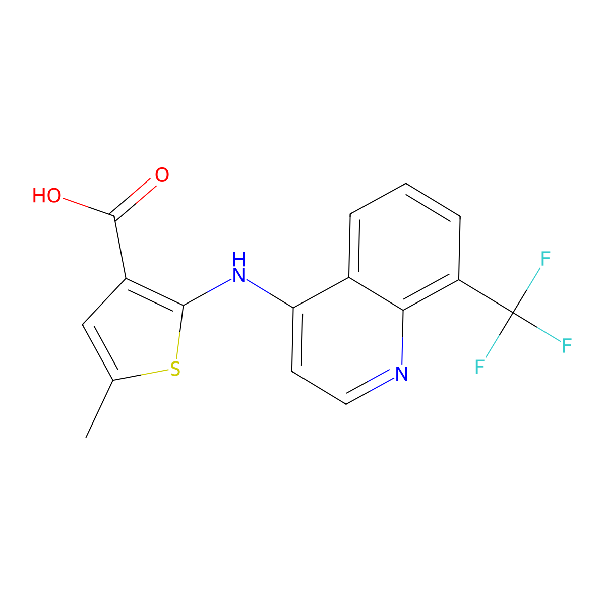 5-Methyl-2-((8-(trifluoromethyl)quinolin-4-yl)amino)thiophene-3-carboxylic acid molecular structure, CAS 39978-04-6