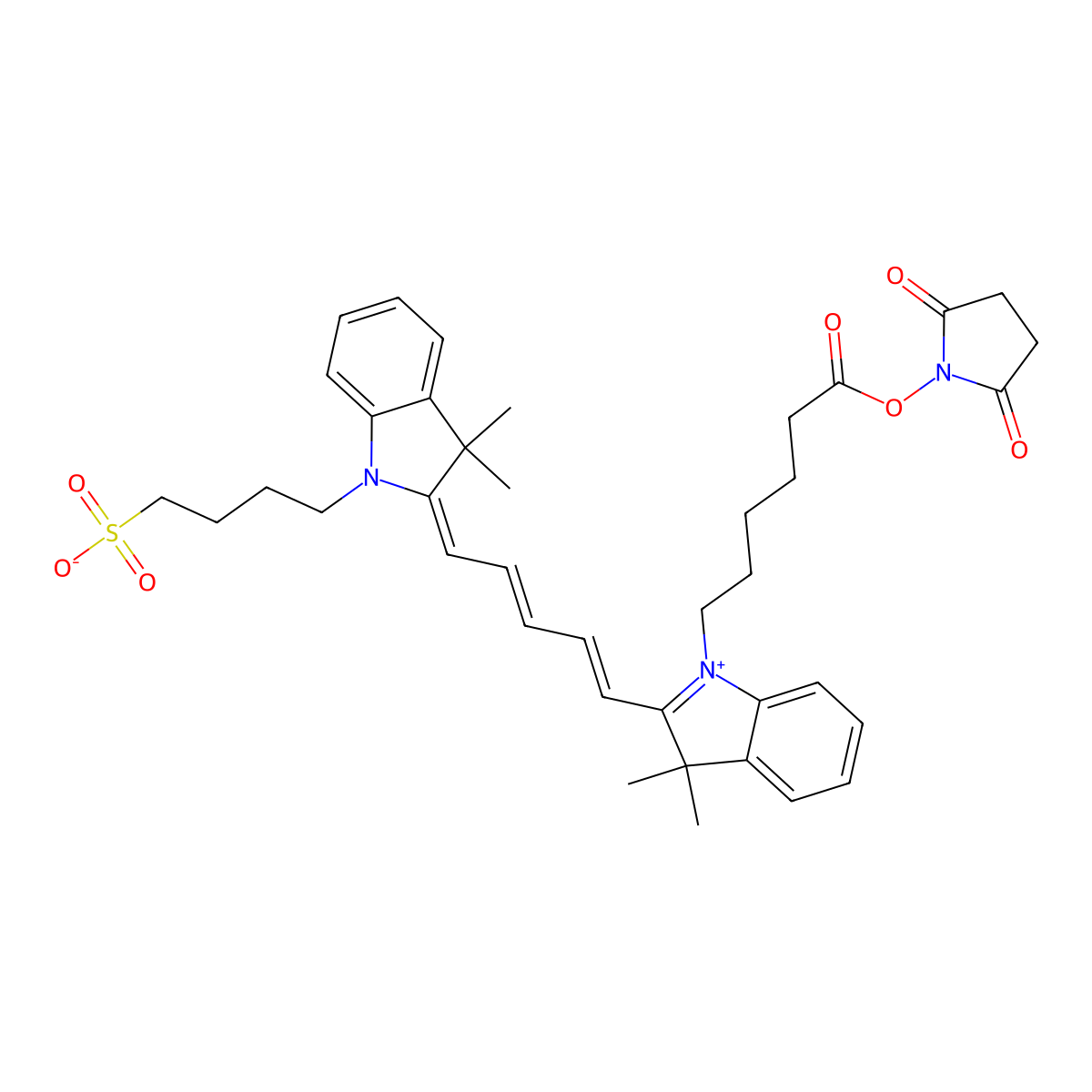 2-(5-(1-(5-(2,5-dioxo-pyrrolidin-1-yloxycarbonyl)-pentyl)-3,3-dimethyl-1,3-dihydro-indol-2-ylidene)-penta-1,3-dienyl)-3,3-dimethyl-1-(4-sulfobutyl)-4,5-dihydro-3h-indolium hydroxide, inner salt molecular structure, CAS 400051-84-5