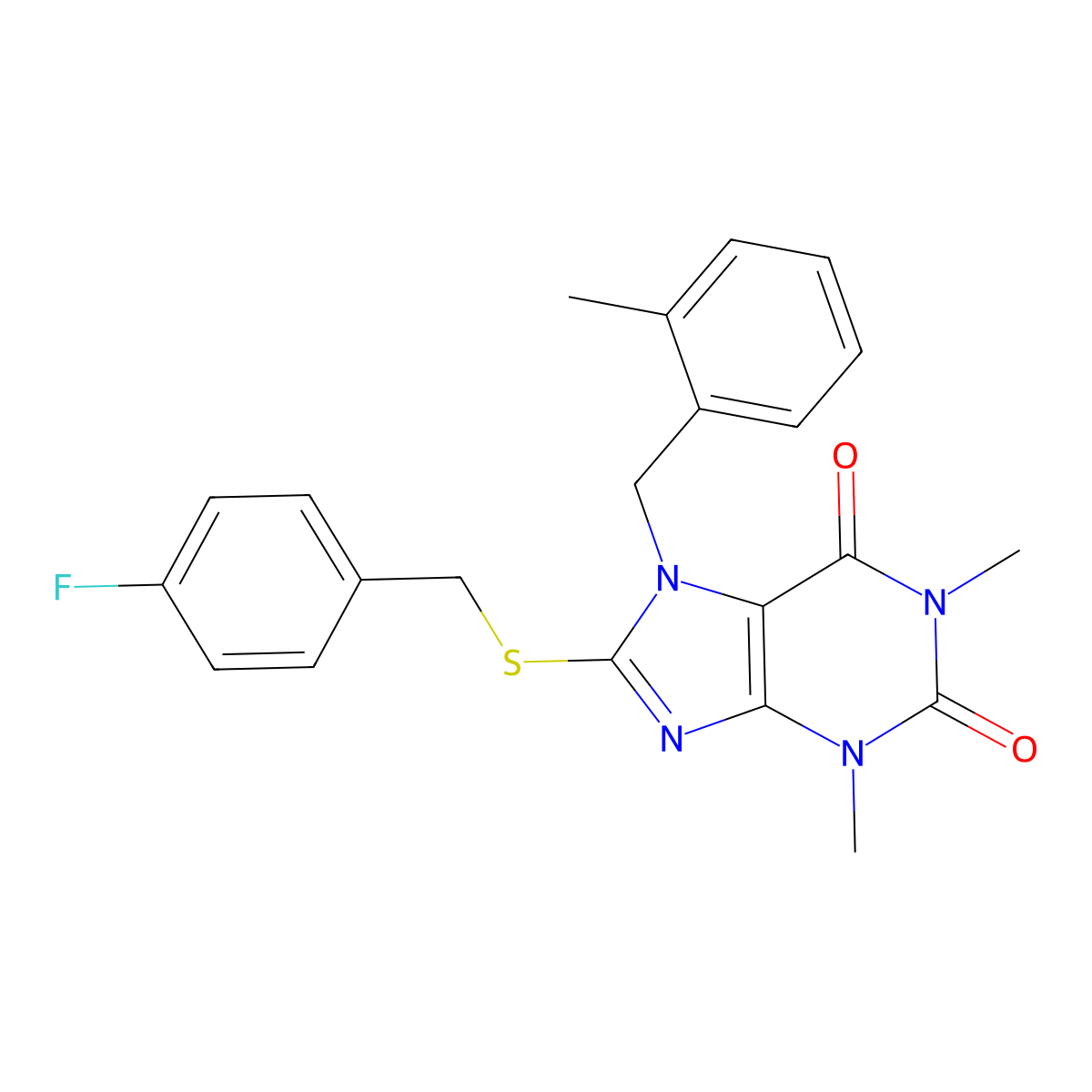 8-[(4-Fluorophenyl)methylsulfanyl]-1,3-dimethyl-7-[(2-methylphenyl)methyl]purine-2,6-dione molecular structure, CAS 400065-75-0