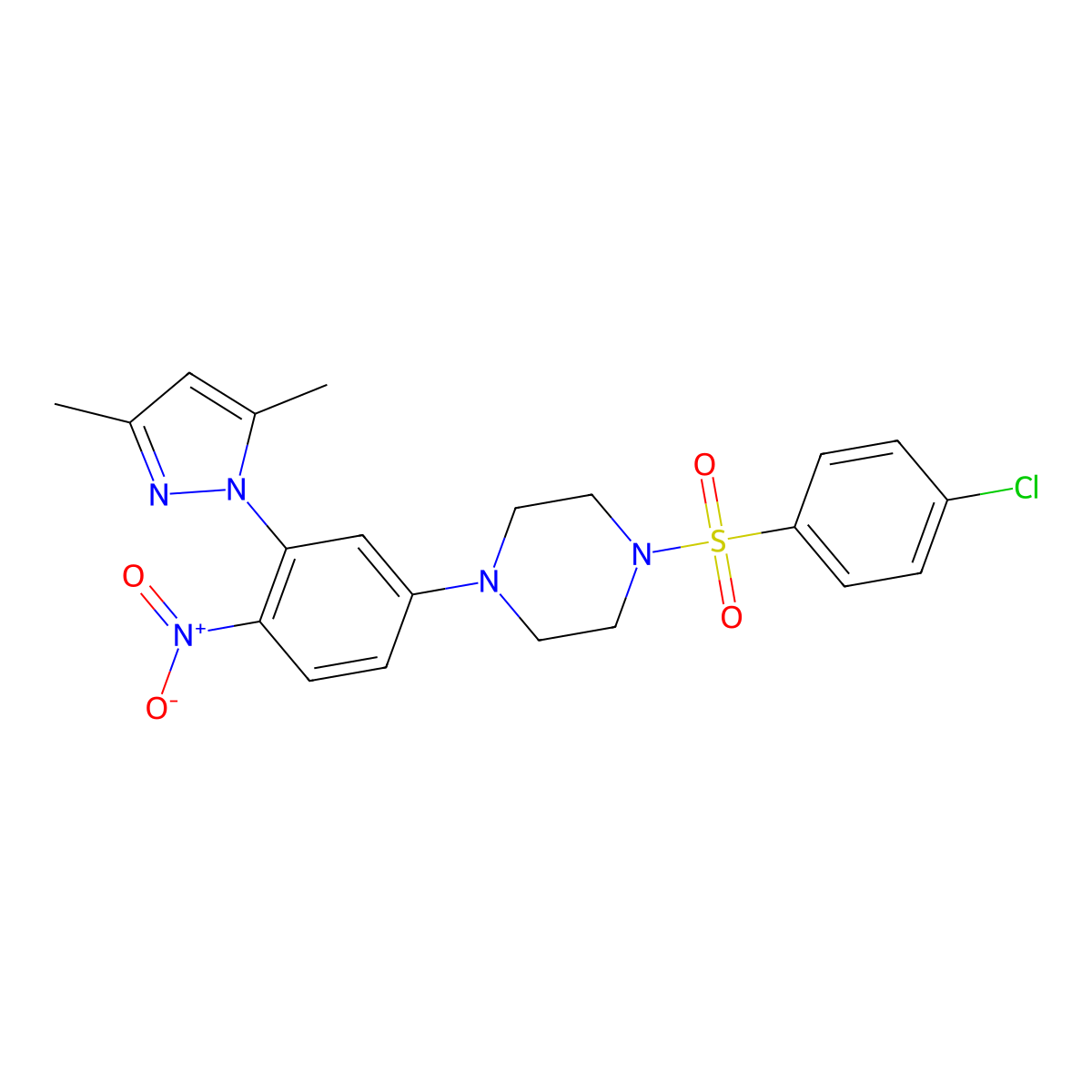 1-[(4-chlorophenyl)sulfonyl]-4-[3-(3,5-dimethyl-1H-pyrazol-1-yl)-4-nitrophenyl]piperazine molecular structure, CAS 400066-60-6