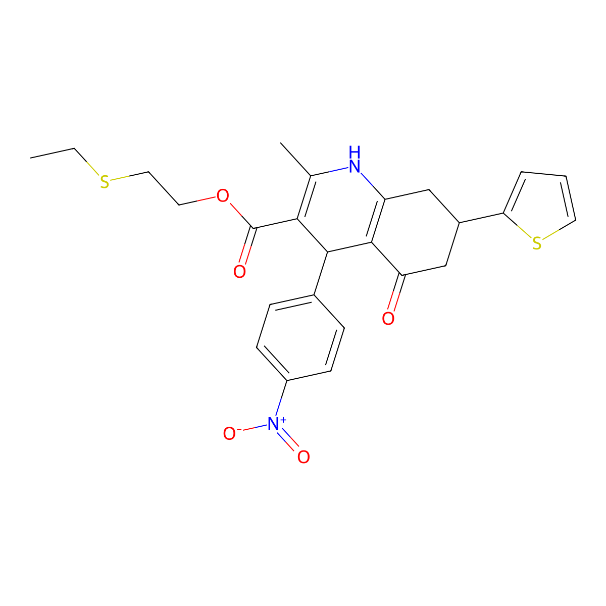 2-(Ethylsulfanyl)ethyl 2-methyl-4-(4-nitrophenyl)-5-oxo-7-(thiophen-2-yl)-1,4,5,6,7,8-hexahydroquinoline-3-carboxylate molecular structure, CAS 400067-38-1